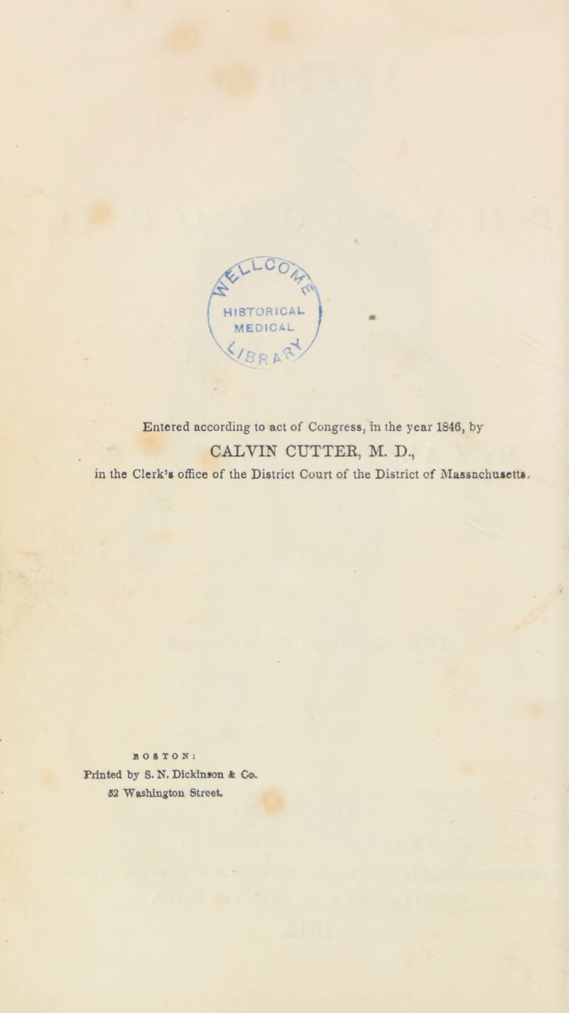 I HISTORICAL \ MEDICAL R Entered according to act of Congress, in the year 1846, by CALVIN CUTTER, M. D., in the Clerk’s office of the District Court of the District of Massachusetts. lotiom Printed by S. N. Dickinson * Co. 52 Washington Street