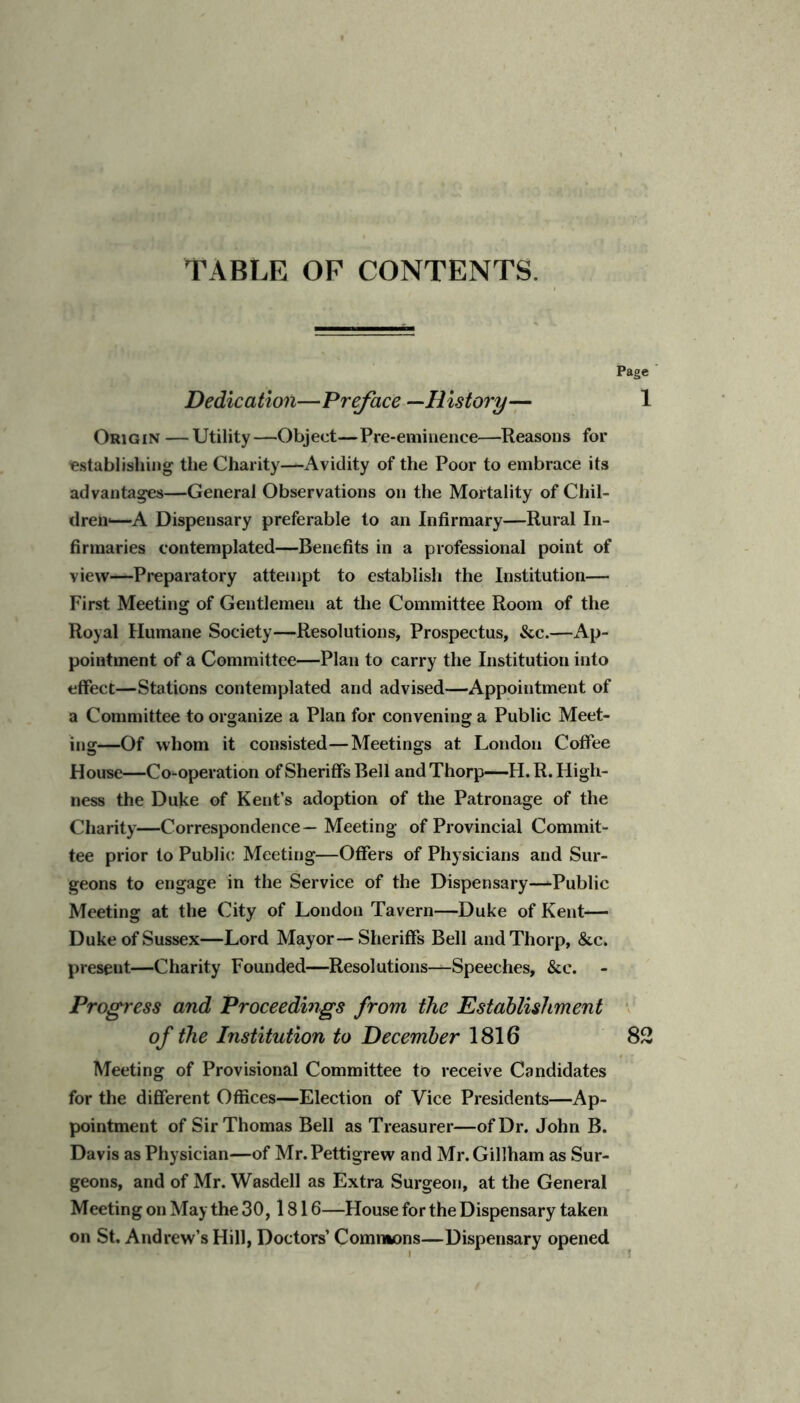 TABLE OP CONTENTS. Page Dedication—Preface —History— 1 Origin —Utility—Object—Pre-eminence—Reasons for establishing the Charity—--Avidity of the Poor to embrace its advantages—General Observations on the Mortality of Chil- dren1—A Dispensary preferable to an Infirmary—Rural In- firmaries contemplated—Benefits in a professional point of view—-Preparatory attempt to establish the Institution— First Meeting of Gentlemen at the Committee Room of the Royal Humane Society—Resolutions, Prospectus, See.—Ap- pointment of a Committee—Plan to carry the Institution into effect—Stations contemplated and advised—Appointment of a Committee to organize a Plan for convening a Public Meet- ing—Of whom it consisted—Meetings at London Coffee House—Co-operation of Sheriffs Bell and Thorp—H.R. High- ness the Duke of Kent’s adoption of the Patronage of the Charity—Correspondence— Meeting of Provincial Commit- tee prior to Public Meeting—Offers of Physicians and Sur- geons to engage in the Service of the Dispensary—-Public Meeting at the City of London Tavern—Duke of Kent— Duke of Sussex—Lord Mayor—Sheriffs Bell and Thorp, &c. present—Charity Founded—Resolutions—-Speeches, &c. - Progress and Proceedings from the Establishment of the Institution to December 1816 82 Meeting of Provisional Committee to receive Candidates for the different Offices—Election of Vice Presidents—Ap- pointment of Sir Thomas Bell as Treasurer—of Dr. John B. Davis as Physician—of Mr. Pettigrew and Mr.Gillham as Sur- geons, and of Mr. Wasdell as Extra Surgeon, at the General Meeting on May the 30,1816—House for the Dispensary taken on St. Andrew’s Hill, Doctors’ Comn&ons—Dispensary opened