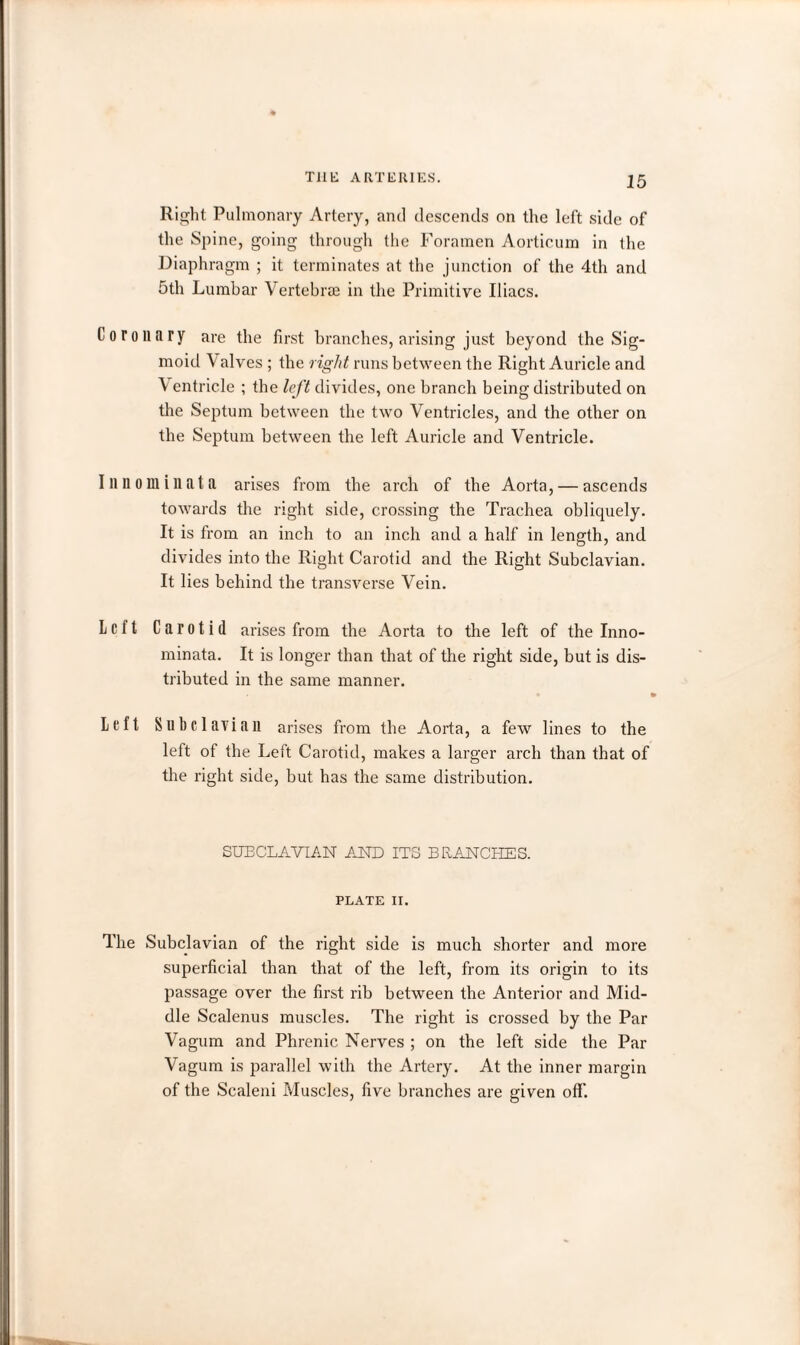 Right Pulmonary Artery, and descends on the left side of the Spine, going through the Foramen Aorticum in the Diaphragm ; it terminates at the junction of the 4th and 5th Lumbar Vertebrae in the Primitive Iliacs. Coronary are the first branches, arising just beyond the Sig¬ moid Valves ; the right runs between the Right Auricle and V entricle ; the left divides, one branch being distributed on the Septum between the two Ventricles, and the other on the Septum between the left Auricle and Ventricle. I n 11 o m i II at a arises from the arch of the Aorta, — ascends towards the right side, crossing the Trachea obliquely. It is from an inch to an inch and a half in length, and divides into the Right Carotid and the Right Subclavian. It lies behind the transverse Vein. Lclt Carotid arises from the Aorta to the left of the Inno- minata. It is longer than that of the right side, but is dis¬ tributed in the same manner. . • i Left Subclavian arises from the Aorta, a few lines to the left of the Left Carotid, makes a larger arch than that of the right side, but has the same distribution. SUBCLAVIAN AND ITS BRANCHES. PLATE II. The Subclavian of the right side is much shorter and more superficial than that of the left, from its origin to its passage over the first rib between the Anterior and Mid¬ dle Scalenus muscles. The right is crossed by the Par Vagum and Phrenic Nerves ; on the left side the Par Vagum is parallel with the Artery. At the inner margin of the Scaleni Muscles, five branches are given off’.
