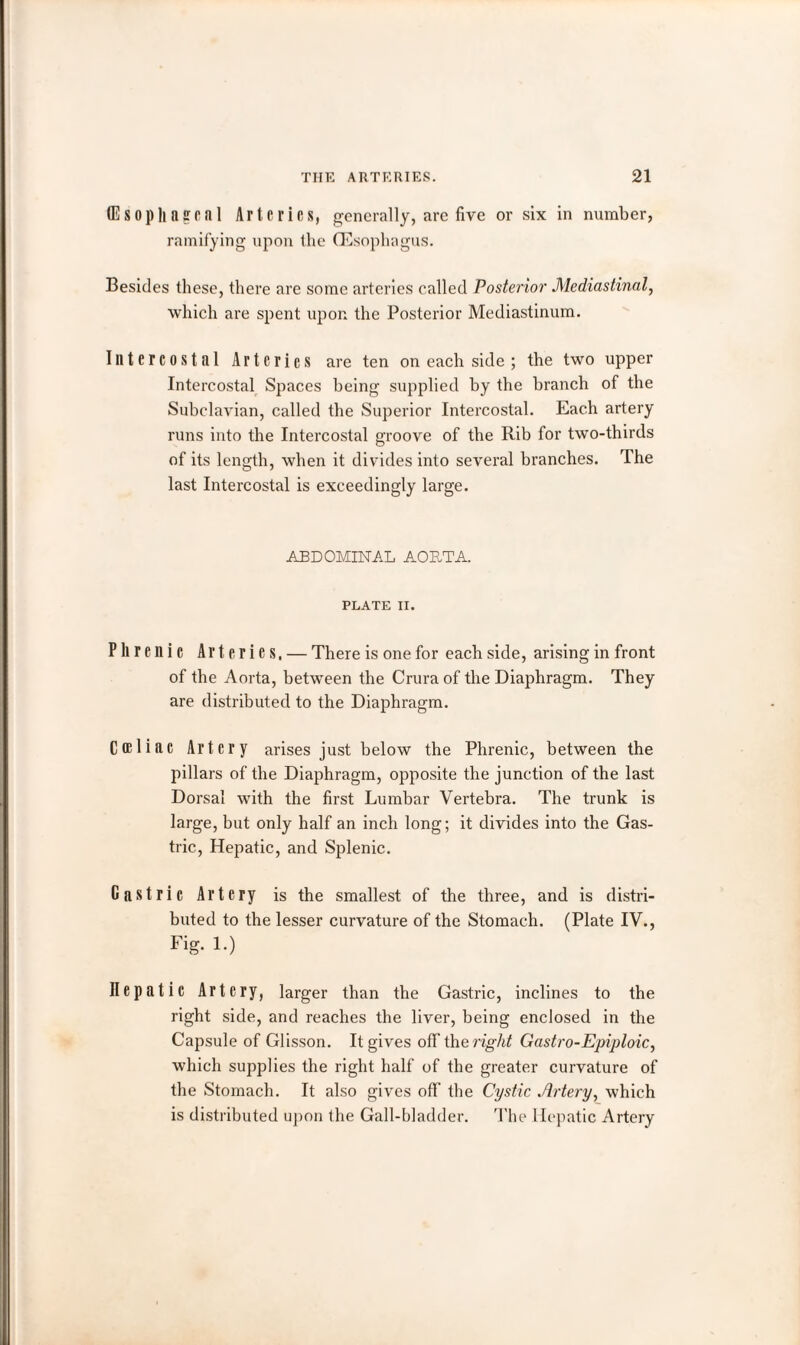 (Esoph&gcnl Arteries, generally, arc five or six in number, ramifying upon the (Esophagus. Besides these, there are some arteries called Posterior Mediastinal, which are spent upon the Posterior Mediastinum. Intercostal Arteries are ten on each side ; the two upper Intercostal Spaces being supplied by the branch of the Subclavian, called the Superior Intercostal. Each artery runs into the Intercostal groove of the Rib for two-thirds of its length, when it divides into several branches. The last Intercostal is exceedingly large. ABDOMINAL AORTA. PLATE II. Phrenic Arteries. — There is one for each side, arising in front of the Aorta, between the Crura of the Diaphragm. They are distributed to the Diaphragm. Cffiliac Artery arises just below the Phrenic, between the pillars of the Diaphragm, opposite the junction of the last Dorsal with the first Lumbar Vertebra. The trunk is large, but only half an inch long; it divides into the Gas¬ tric, Hepatic, and Splenic. Gastric Artery is the smallest of the three, and is distri¬ buted to the lesser curvature of the Stomach. (Plate IV., Fig. 1.) Hepatic Artery, larger than the Gastric, inclines to the right side, and reaches the liver, being enclosed in the Capsule of Glisson. It gives off the right Gastro-Epiploic, which supplies the right half of the greater curvature of the Stomach. It also gives off the Cystic Artery, which is distributed upon the Gall-bladder. The Hepatic Artery