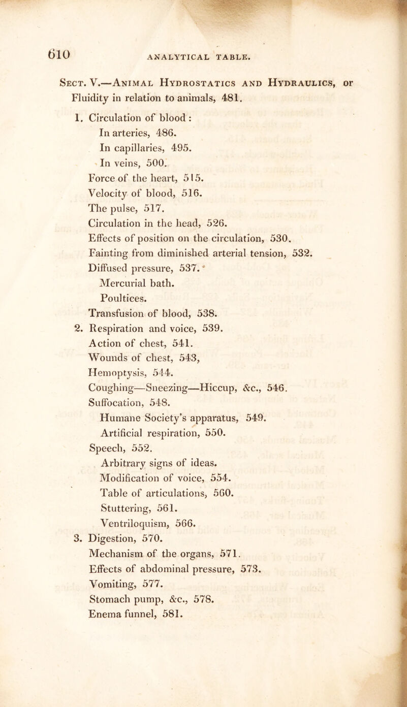 ANALYTICAL TABLE. Sect. V.—Animal Hydrostatics and Hydraulics, Fluidity in relation to animals, 481. 1. Circulation of blood : In arteries, 486. In capillaries, 495. In veins, 500. Force of the heart, 515. Velocity of blood, ,516. The pulse, 517. Circulation in the head, 526. Effects of position on the circulation, 530. Fainting from diminished arterial tension, 532. Diffused pressure, 537. * Mercurial bath. Poultices. Transfusion of blood, 538. 2. Respiration and voice, 539. Action of chest, 541. Wounds of chest, 543, Hemoptysis, 544. Coughing—Sneezing—Hiccup, t%c., 546, Suffocation, 548. Humane Society’s apparatus, 549. Artificial respiration, 550. Speech, 552. Arbitrary signs of ideas. Modification of voice, 554. Table of articulations, 560. Stuttering, 561. Ventriloquism, 566. 3. Digestion, 570. Mechanism of the organs, 571. Effects of abdominal pressure, 573. Vomiting, 577. Stomach pump, &c., 578. Enema funnel, 581.