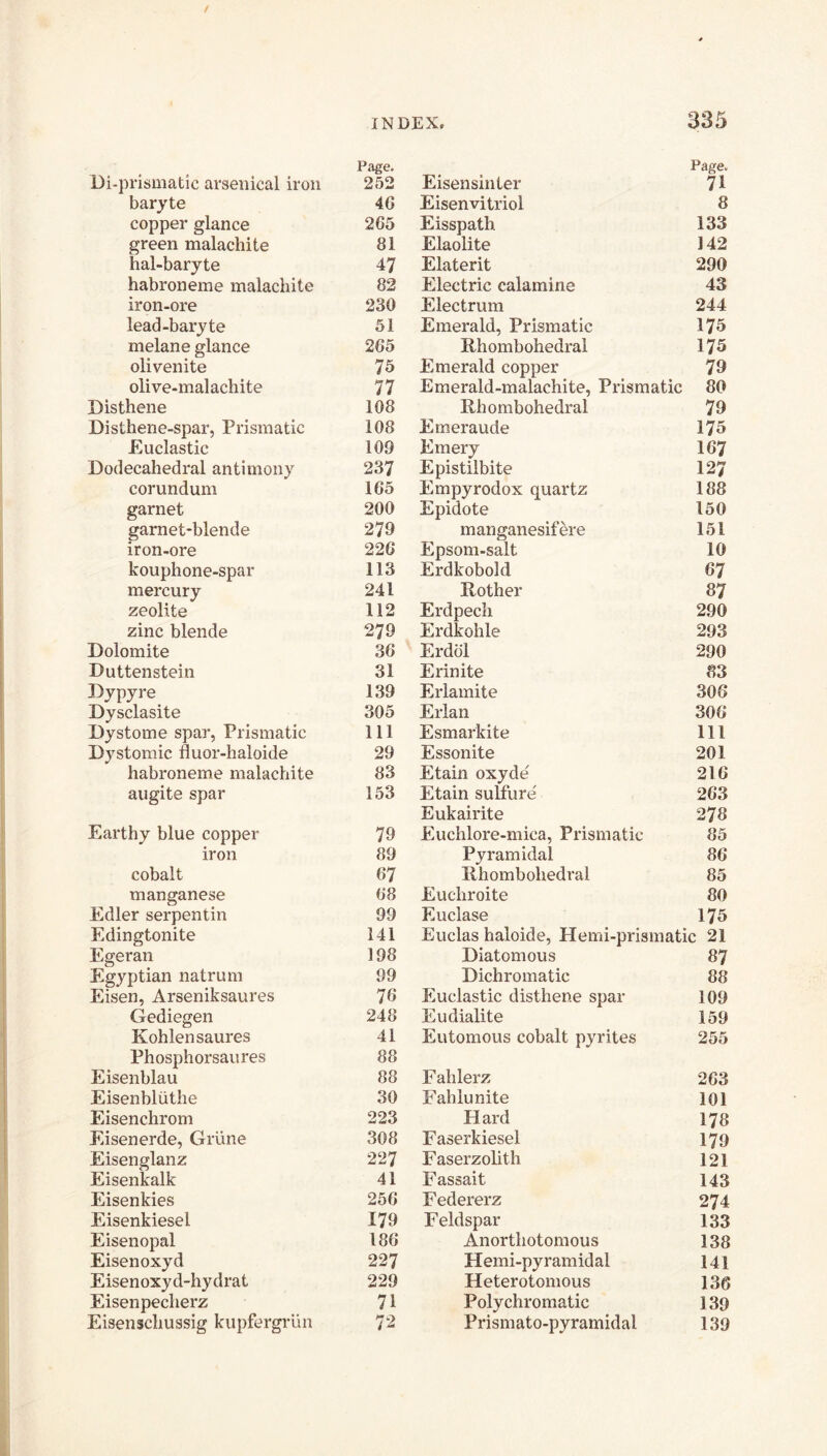 Page. Di-prismatic arsenical iron 252 baryte 46 copper glance 265 green malachite 81 hal-baryte 47 habroneme malachite 82 iron-ore 230 lead-baryte 51 melane glance 265 olivenite 75 olive-malachite 77 Disthene 108 Disthene-spar, Prismatic 108 Euclastic 109 Dodecahedral antimony 237 corundum 165 garnet 200 garnet-blende 279 iron-ore 226 kouphone-spar 113 mercury 241 zeolite 112 zinc blende 279 Dolomite 36 Duttenstein 31 Dypyre 139 Dysclasite 305 Dystome spar, Prismatic 111 Dystomic fluor-haloide 29 habroneme malachite 83 augite spar 153 Earthy blue copper 79 iron 89 cobalt 67 manganese 68 Edler serpentin 99 Edingtonite 141 Egeran 198 Egyptian natrum 99 Eisen, Arseniksaures 78 Gediegen 248 Kohlensaures 41 Phosphorsaures 88 Eisenblau 88 Eisenbliithe 30 Eisenchrom 223 Eisenerde, Griine 308 Eisenglanz 227 Eisenkalk 41 Eisenkies 256 Eisenkiesel 179 Eisenopal 186 Eisenoxyd 227 Eisenoxyd-hydrat 229 Eisenpecherz 71 Eisenschussig kupfergrun 72 Page. Eisensinter 71 Eisenvitriol 8 Eisspath 133 Elaolite 142 Elaterit 290 Electric calamine 43 Electrum 244 Emerald, Prismatic 173 Rhombohedral 173 Emerald copper 79 Emerald-malachite, Prismatic 80 Rhombohedral 79 Emeraude 173 Emery 167 Epistilbite 127 Empyrodox quartz 188 Epidote 150 manganesifere 151 Epsom-salt 10 Erdkobold 67 Rother 87 Erdpech 290 Erdkohle 293 Erddl 290 Erinite 83 Erlamite 306 Elian 306 Esmarkite 111 Essonite 201 Etain oxyde 216 Etain sulfure 263 Eukairite 278 Euchlore-mica, Prismatic 85 Pyramidal 86 Rhombohedral 85 Euchroite 80 Euclase 175 Euclas haloide, Hemi-prismatic 21 Diatomous 87 Dichromatic 88 Euclastic disthene spar 109 Eudialite 159 Eutomous cobalt pyrites 255 Fahlerz 263 Fahlunite 101 Hard I78 Faserkiesel 179 Faserzolith I21 Fassait 143 Federerz 274 Feldspar 133 Anorthotomous 138 Hemi-pyramidal 141 Heterotomous 136 Polychromatic 139 Prismato-pyramidal 139