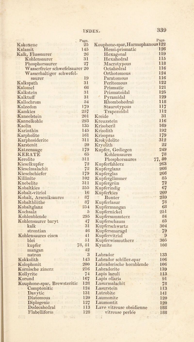 Page. Kakoxene 25 Kalamit 145 Kalk, Flussaurer 26 Kohlensaurer 31 Phosphorsaurer 27 Wasserfreier schwefelsaurer 20 Wasserhaltiger schwefel- saurer 19 Kalkspath 31 Kalomel 66 Kalkstein 31 KalktufF 31 Kalloclirom 54 Kalzedon 179 Kamkies 257 Kaneelstein 201 Kannelkohle 293 Kaolin 135 Karinthin 145 Karpholite 161 Karphosiderite 311 Karstenit 20 Katzenauge 179 KERATE 65 Kerolite 311 Kieselkupfer 72 Kieselmalachit 72 Kieselschiefer 179 Killinite 102 Knehelite 311 Kobaltkies 255 Kobalt-vitriol 16 Kobalt, Arseniksaures 87 Kobaltbluthe 87 Kobaltglanz 254 Kochsalz 5 Kohlenblende 295 Kohlensaurer baryt 47 kalk 31 strontian 46 Kohlensaures eisen 41 blei 51 kupfer 78, 81 mangan 42 natron 3 Kokkolith 143 Kolophonit 200 Kornische zinerz 216 Kollyrite 74 Korund 167 Kouphone-spar, Brewsteritic 128 Comptonitic 124 Davytic 131 Diatomous 120 Diplogenic 127 Dodecahedral 113 Flabelliform 128 Page. Kouphone-spar,Harmopliaiious 122 Hemi-prismatic 126 Hexagonal 119 Hexahedral 115 Macrotypous 118 Octahedral 116 Orthotomous 124 Paratomous 116 Peritomous 122 Prismatic 121 Prismatoidal 125 Pyramidal 129 Rhombohedral 118 Staurotypous 117 Trapezoidal 112 Kreide 31 Kreuzstein 116 Krisoberii 169 Krisolith 192 Krisopras 179 Krokydolite 312 Kryolith 22 Kupfer, Gediegeii 249 Kohlensaures 78 Phosphorsaures 77, 80 Kupferfahlerz 263 Kupferglanz 266 Kupferglas 266 Kupfergiimmer 85 Kupfergriin 72 Kupferindig 67 Kupferkies 260 Bunter 259 Kupfeiiasur 78 Kupfermangan 68 Kupfernickel 251 Kupfersammterz 84 Kupferschaum 85 Kupferschwartz 304 Kupfersmaragd 79 Kupfervitriol 9 Kupferwismutherz 305 Kyanite 108 Labrador 133 Labrador schiller-spar 106 liabradorische hornblende 106 Labrador! te 139 Lapis lazuli 113 Lapis ollaris 91 Lasurmalachit 78 Lasurstein 113 Latrobite 141 Laumonite 120 Laumontit 120 Lave vitreuse obsidienne 188 vitreuse perlde . 188