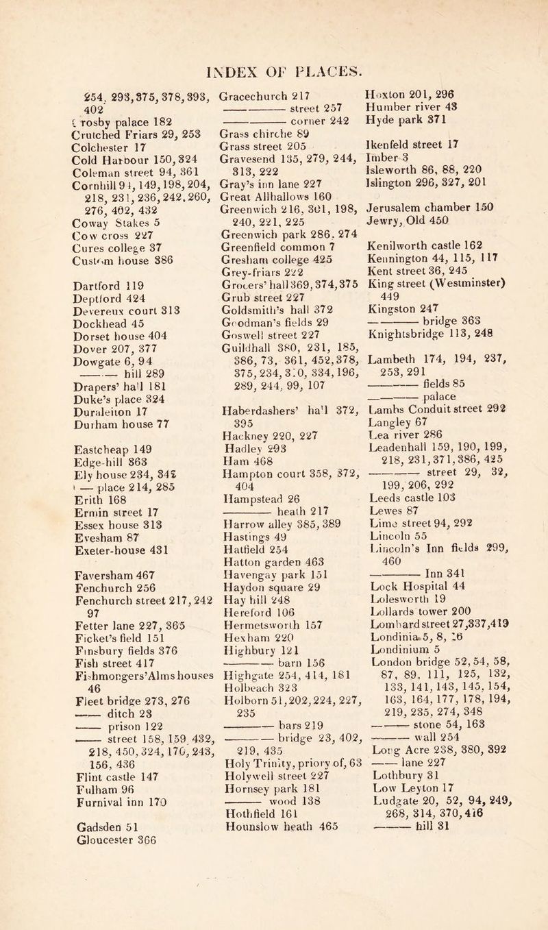 S54. 293,375,378,393, 402 C rosby palace 182 Clutched P'riars 29, 253 Colchester 17 Cold Harbour 150,324 Coleman street 94, 361 Cornhill9l, 149,198,204, 218, 231,236,242.260, 276, 402, 432 Co way Stakes 5 Cow cross 227 Cures college 37 Cust'aii liouse 886 Hartford 119 Deptlord 424 Devereux court 313 Dockhead 45 Dorset house 404 Dover 207, 377 Dowgate 6, 94 hill 289 Drapers’ haU 181 Duke’s place 324 Duraleiton 17 Durham house 77 Eastcheap 149 Edge-hill 863 Ely house 234, 342 t — place 214, 285 Erith 168 Ermin street 17 Essex house 313 Evesham 87 Exeter-house 431 Faversham 467 Fenchurch 256 Fenchurch street 217, 242 97 Fetter lane 227, 365 Ficket’s field 151 Finsbury fields 376 Fish street 417 Fi^hmongers’Alms houses 46 Fleet bridge 273, 276 ditch 23 prison 122 —— street 158, 159 432, 218. 450,324, 170, 243, 156' 436 Flint castle 147 Fulham 96 Furnival inn 170 Gadsden 51 Gloucester 366 Gracechurch 217 street 257 corner 242 Grass chirche 89 Grass street 205 Gravesend 135, 279, 244, 313, 222 Gray’s inn lane 227 Great Allhallows 160 Greenwich 216, 301, 198, 240, 221, 225 Greenwich park 286, 274 Greenfield common 7 Gresham college 425 Grey-friars 222 Grocers’ hall 369,374,375 Grub street 227 Goldsmith’s hall 372 Goodman’s fields 29 Goswell street 227 Guildhall 380, 231, 185, 386, 73. 361, 452,378, 375,234,310, 334,196, 289, 244, 99, 107 Haberdashers’ ha’l 372, 395 Hackney 220, 227 Hadley 293 Ham 468 Hampton court 358, 372, 404 Hampstead 26 heath 217 Harrow alley 385, 389 Hastings 49 Hatfield 254 Hatton garden 463 Havengay park 151 Haydon square 29 Hay hill 248 Herelbrd 106 Hermetsworlh 157 Hexham 220 Highbury 121 barn 156 Highgate 254, 414, 181 Holbeach 323 Holborn 51,202,224, 227, 235 — bars 219 bridge 23, 402, 219, 435 Holy Trinity, priorv of, 63 Hoi ywell street 227 Hornsey park 181 wood 138 Hoth field 161 Hounslow heath 465 lioxton 201, 296 Humber river 43 Hyde park 371 Ikenfeld street 17 Imber 3 Isleworth 86, 88, 220 Islington 296, 327, 201 Jerusalem chamber 150 Jewry, Old 450 Kenilworth castle 162 Kennington 44, 115, 117 Kent street 36, 245 King street (Westminster) 449 Kingston 247 bridge 363 Knightsbridge 113, 248 Lambeth 174, 194, 237, 253, 291 fields 85 palace l.ambs Conduit street 292 Langley 67 Lea river 286 Leadenhall 159, 190, 199, 218, 231,371,386, 425 street 29, 32, 199, 206, 292 Leeds castle 103 Lewes 87 Lime street 94, 292 Lincoln 55 Lincoln’s Inn fields 299, 460 Inn 341 Lock Hospital 44 Loles worth 19 Lollards tower 200 Lorn liard street 27,337,419 Londinia»5, 8, 16 Londinium 5 London bridge 52,54, 58, 87, 89. Ill, 125, 132, 133, 141, 143, 145. 154, 163, 164, 177, 178, 194, 219, 235, 274, 348 stone 54, 163 wall 254 Long Acre 238, 380, 392 lane 227 Lothbury 31 Low Leyton 17 Ludgate 20, 52, 94, 249, 268, 314, 370,416 hill 31