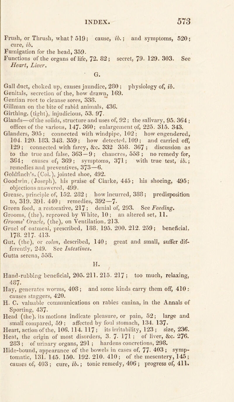 Frush, or Thrush, what? 519; cause, ib.] and symptoms, 520; cure, ib. ' Fumigation for the head, 359. Functions of the organs of life, 72. 82; secret, 79. 129. 303. See Heart, Liver. G* Gall duct, choked up, causes jaundice, 280 ; physiology of, ib. I Genitals, secretion of the, how drawn, 169. Gentian root to cleanse sores, 338. Gillman on the bite of rabid animals, 436. i Girthing, (tight), injudicious, 53. 97- I Glands—of the solids, structure and uses of, 92 ; the salivary, 95. 364 ; j offices of the various, 147. 360; enlargement of, 225. 315. 343. I Glanders, 305; connected with windpipe, 102; how engendered, I 104. 120. 183. 348. 359 ; how detected, 109 ; and carried off, I 129 ; connected with farcy, &c. 332 358. 367 ; discussion as i to the true and false, 363 —9 ; chancres, 558 ; no remedy for, j 364; causes of, 369; symptoms, 371; with true test, ib.-, ■ remedies and preventives, 373—6. Goldfinch’s, (Col.), jointed shoe, 492. Goodwin, (Joseph), his praise of Clarke, 445; his shoeing, 495; objections answered, 499. Grease, principle of, 152.282; how incurred, 388 ; predisposition to, 319. 391. 440; remedies, 392—7- Green food, a restorative, 217 ; denial of, 293. See Feeding. Grooms, (the), reproved by White, 10; an altered set, 11. Grooms' Oracle, (the), on Ventilation, 213. Gruel of oatmeal, prescribed, 188. 195. 200. 212. 259; beneficial, 178. 217. 413. Gut, (the), or colon, described, 140; great and small, suffer dif¬ ferently, 249. See Intestines. Gutta serena, 558. H. Hand-rubbing beneficial, 205. 211. 215. 217 ; too much, relaxing, 487. Hay, generates worms, 408; and some kinds carry them off, 410: causes staggers, 420. H. C. valuable communications on rabies canina, in the Annals of Sporting, 437- Head (the), its motions indicate pleasure, or pain, 52; large and small compared, 59 ; affected by foul stomach, 134. 137- Heart, action of the, 106. 114. 117 ; its irritability, 123 ; size, 236. Heat, the origin of most disorders, 3. 7- 171 ; of liver, &c. 276. 283 ; of urinary organs, 291 ; hardens concretions, 298. Hide-bound, appearance of the bowels in cases of, 77- 403 ; symp¬ tomatic, 131. 145. 150. 192. 210. 410; of the mesentery, 145; causes of, 403 ; cure, ib.; tonic remedy, 406 ; progress of, 411.