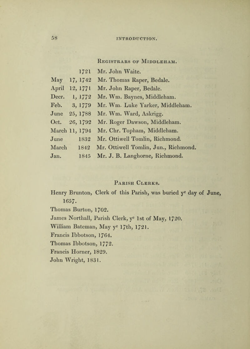 Registrars of Middleham. 1721 Mr. John Waite. May 17, 1742 Mr. Thomas Raper, Bedale. April 12, 1771 Mr. John Raper, Bedale. Deer. 1, 1772 Mr. Wm. Baynes, Middleham. Feb. 3, 1779 Mr. Wm. Luke Yarker, Middleham. June 25, 1788 Mr. Wm. Ward, Askrigg. Oct. 26, 1792 Mr. Roger Dawson, Middleham. March 11, 1794 Mr. Chr. Topham, Middleham. June 1832 Mr. Ottiwell Tomlin, Richmond. March 1842 Mr. Ottiwell Tomlin, Jun., Richmond. Jan. 1845 Mr. J. B. Langhorne, Richmond. Parish Clerks. Henry Brunton, Clerk of this Parish, was buried y® day of June, 1657. Thomas Burton, 1702. James Northall, Parish Clerk, y® 1st of May, 1720. William Bateman, May y® 17th, 172]. Francis Ibbotson, 1764. Thomas Ibbotson, 1772. Francis Horner, 1829. John Wright, 1831.