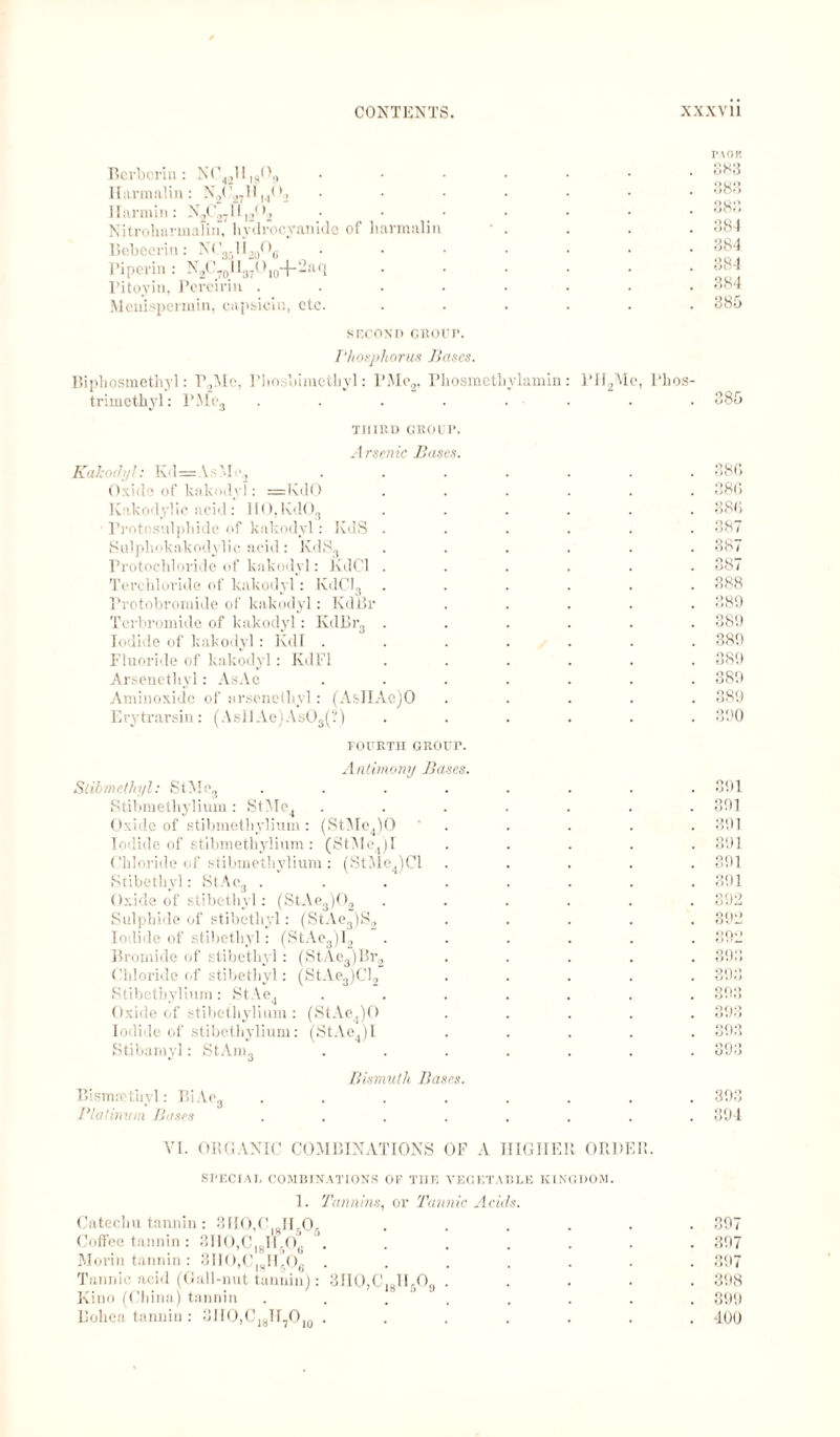 Berbcria: XCJ2lll8Ofl Harmalin: N2(’27Hl402 llarmin: N0C'27U]202 Nitroliarmalin, hydrocyanide of harmalin Bebeerin: N03.112Q06 Piperin : N2C70H37O104-2aq Fitoyin, Pereiriu . Menispermin, capsiciu, etc. PAOR 383 383 384 384 384 384 385 SECOND CROUP. Phosphorus Bases. Biphosmethyl: P,Me, Pho bimethyl: I’Me2, Pltosmclliylamin: PII2Mc, Phos- trimethyl: PMe3 . . . . . ■ . . 385 THIRD GROUP. Arsenic Bases. Kakodyl: Kd=AsMr2 . . . . . . .380 Oxide of kakodyl: =KdO ...... 380 Kakodylic acid: IlO.KdO,, ...... 380 Protosnlphido of kakodyl: KdS ...... 387 Sulphokakodylic acid : KdS3 ...... 387 Protochloride of kakodyl: KdCl ...... 387 Terchloride of kakodyl: IvdCl3 ...... 388 Protobromide of kakodyl: KdBr ..... 389 Tcrbromide of kakodyl: KdBr3 ...... 389 Iodide of kakodyl: Kdl . . . . . . .389 Fluoride of kakodyl: KdFl ...... 389 Arsenethyl: AsAc ....... 389 Aminoxide of arsenetlivl: (AsHAe)O ..... 389 Erytrarsin: (AslIAe)As03(?) ...... 390 FOURTH GROUP. Antimony Bases. Stibmethyl: StMe3 ........ 391 Stibmethylium: StMe4 ....... 391 Oxide of stibmethylium: (StMc4)0 ' . . . . . 391 Iodide of stibmethylium: (StMej 1 ..... 391 Chloride of stibmethylium: (StMe4)Cl ..... 391 Stibethyl: StAe3 . . . . . . . . 391 Oxide of stibethyl: (StAe3)02 ...... 392 Sulphide of stibethyl: (StAe3)S2 ..... 392 Iodide of stibethyl: (StAe3)I2 ...... 392 Bromide of stibethyl: (StAe3)Br2 ..... 393 Chloride of stibethyl: (StAe3)Cl2 ..... 393 Stibethylium: StAe4 ....... 393 Oxide of stibethylium : (StAe4)0 ..... 393 Iodide of stibethylium: (StAe4)l ..... 393 Stibamyl: StAm3 ....... 393 Bismuth Bases. Bismrethyl: BiAe3 ........ 393 Platinum Bases ........ 394 VI. ORGANIC COMBINATIONS OF A HIGHER ORDER. SPEC I AT. COMBINATIONS OF TUE VEGETABLE KINGDOM. 1. Tannins, or Tannic Acids. Catechu tannin : 3H0,C|gIT.05 ...... 397 Coffee tannin: 31tO,C)8ll5Os ....... 397 Morin tannin : 3HO,C)SH606 ....... 397 Tannic acid (Gall-nut tannin): 3IIO,CJ8l lft09 . .... 398 Kino (China) tannin . . . . . . . 399 Bohea tannin: 3IIO,C18H7O10 ....... 400