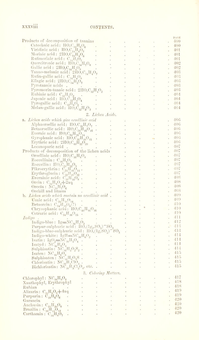 Products of decomposition of tannins Cateclmic acid: H0,C]4If608 Viridinic acid: TT0,CI4U607 Morinic acid: 2HO.C..H.O,- Rufimormic acid: Cmm707 Quercitronic acid : I10,C,4H708 . Gallic acid : 2II0IC14H408 Tanno-melanic acid: 2H0,CI4H407 Rutin-gallic acid: Cl4II408 Ellagicacid: 2H0,C14H207 Pyrotannic acids .... Pyromorin-tannic acid: 2IIO,C,,II402 Rubinicacid: C)2II402 Japonic acid: I10,C12II404 Pyrogallic acid : C)21J606 . Melan-gallic acid : 1I0,C12H303 . 2. Lichen Acids. a. Lichen acids which give orsellinic acid Alphaorsellic acid: I10,C16H707 . Betaorsellie acid: II0,C34I1,6016 . Evernicacid: HO,C34III6Ol4 Gyroplianic acid: IIO,C36HlgO)5 . Erythric acid: 2HO,C40H22O20 Lecanoparic acid .... Products of decomposition of the lichen acids Orsellinic acid: I10,CI6H808 Roccellinin: Cl8IIg07 Roccellin: II0,C24II.,205 . Pikroerythrin: C'21T116014 . Erythroglucin : ('„H.,s0^ . Everninic acid: C]8llI0O8 . Orcin : C14H804-|-2aq Orcein : NCl4H706 Orchill and litmus b. Lichen acids which contain no orsellinic acid . Usnicacid: C34II,80I4 Betaorcin: C34HI806(?) Clirysoplianic acid: HO,C40H16O16 Cetraric acid: C34HJ6015 . Indigo ...... Indigo-blue : Ig=NC16U502 Purpui’-sulphuric acid: H0,(Ig2,S03)~S03 Indigo-blue-sulphuric acid : HO, (Ig,S02)”S03 Indigo-white: IgH=NC16II602 I satin : Ig02=NCI6H604 . Isatyd: NC1(iHe04 Sulphisatin: NC,6H.02S2 . Isaten: NC16H603 Sulphisaten: N(’lcir(;03.S . Chlorisatin : N0,6H4C104 . Bichlorisatin: NC16H3C1204, etc. . 3. Coloring Matters. Chloropliyl: NC]sIf,,08 Xanthophyl, Erythropliyl Rubian . Alizarin: C2„TI606-(-4aq Purpurin: CI8H606 .... Garancin . Anchusin: 0„.Tl2(lOg . Brazilin: C36H14012 . Carthamin: Cl4II807 . PAOF. 400 400 401 401 401 402 402 403 403 403 403 403 404 404 404 404 400 4n0 400 400 400 400 407 407 407 407 407 407 407 408 408 408 40S 400 400 410 410 410 411 412 413 413 414 414 414 414 41) 41-) 117. 417 418 418 410 410 420 420 420 420