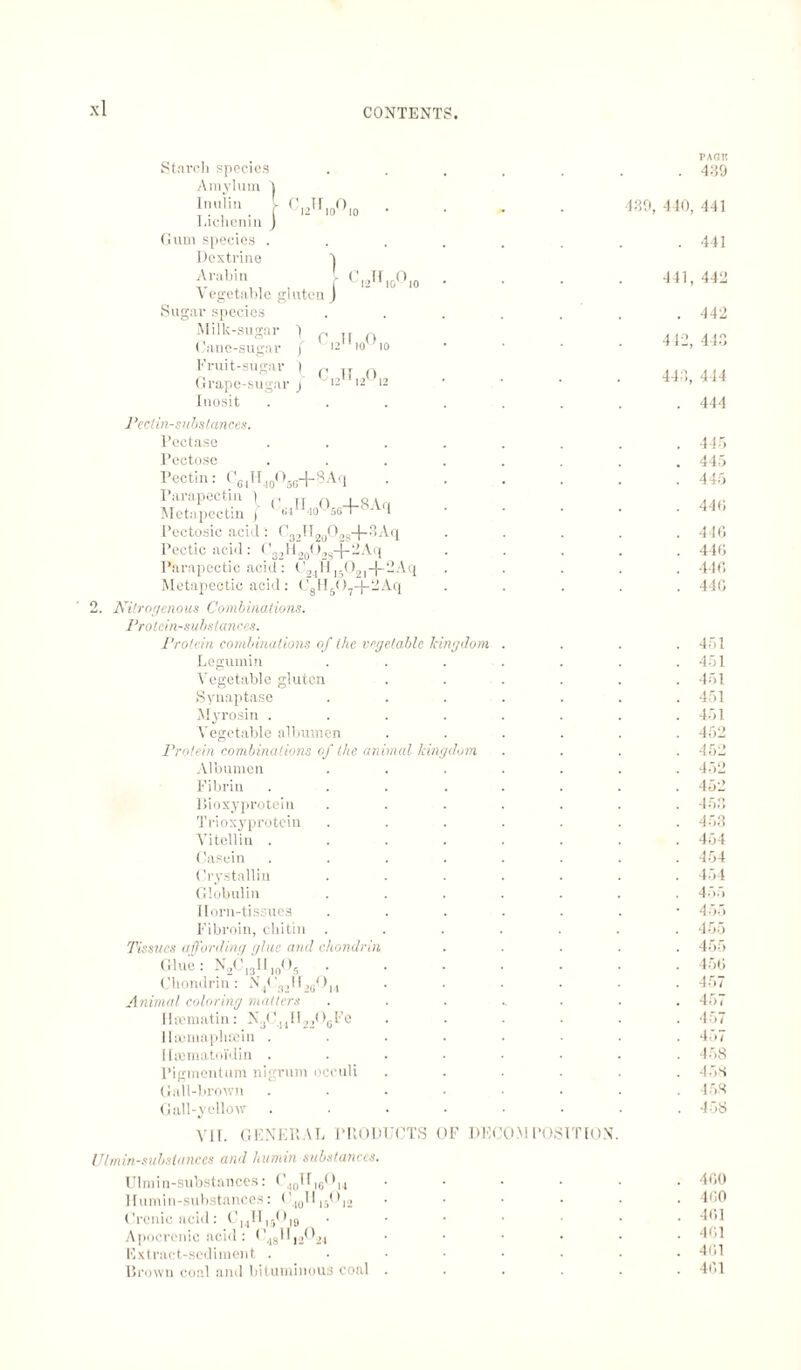 o 1 12^10^10 1 Ci2If ,&O|0 10^10 C. 2^,2», * 64^40* *51 «’„II 4oOs6+8M Starch species Amylum Inulin Iiichenin Gum species Dextrine Arab in Vegetable gluten J Sugar species Milk-sugar Cane-sugar Fruit-sugar Grape-sugar Inosit Pectin-substances. Pectase Pectose Pectin: Parapectin 1 Metapectin j Pectosic acid: C32H20O28-}-3Aq Pectic acid: C32H20O2S4-2Aq Parapectic acid: 024Hl5O2l-}-‘2A Metapectic acid: C8Hs07-j-2Aq Nitrogenous Combinations. Protein-substances. Protein combinations of the vegetable kingdom Legumin Vegetable gluten Synaptase Myrosin . Vegetable albumen Protein combinations of the animal kingdom Albumen Fibrin Bioxyprotein Trioxyprotcin Vitellin . Casein Crystallin Globulin i lorn-tissues Fibroin, chitin Tissues affording glue and chondrin Glue: N2C| Chondrin : A nimal coloring matters Hmmatin Ilaemaphsein ILematoi'din . Pigmentum nigrum occuli Gall-brown Gall-yellow 131 * 10« *0 -V •»0.4 N3C.llII22O0Fe PAGE . 439 439, 410, 441 . 441 441, 442 . 442 412, 443 443, 414 . 444 445 445 445 440 440 440 440 440 . 451 . 451 . 451 . 451 . 451 . 452 . 452 . 452 . 452 . 453 . 453 . 454 . 454 . 454 . 455 • 455 . 455 . 455 . 4 50 . 457 . 457 . 457 . 457 . 458 . 45S . 458 . 458 VII. GENEPAL PRODUCTS OF DECOMPOSITION. Ulmin-substanccs and humin substances. Ulmin-substances : C.ioIIi6®i4 ...... 400 Humin-substances: < '.,<,11 läOl2 ...... 400 Crcnic acid: C]4II15019 ....... 4i>] Apocrenic acid: C481I,202< ...... 401 Extract-sediment ........ 401 Brown coal and bituminous coal ...... 4ol