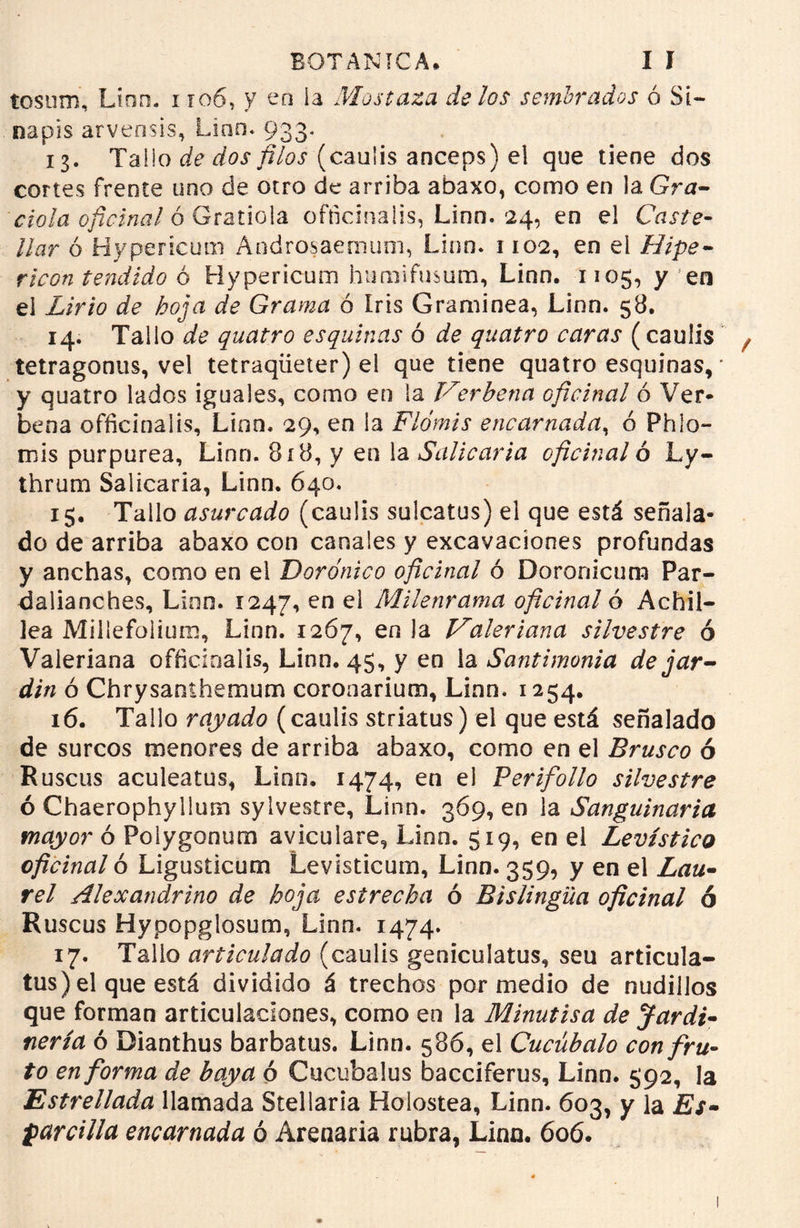 tosum, Lino. 1106, V en ía Mostaza de los sembrados ó Si- napis arvensis, Lino. 933. 13. Taüo de dos filos (caulis anceps) el que tiene dos cortes frente uno de otro de arriba abaxo, como en la Gra- ciola oficinal ó Gratiola officinalis, Linn. 24, en el Gaste- llar ó Hypericum Androsaemum, Linn. 1102, en el Hipe- ricon tendido ó Hypericum humifusum, Linn. 1105, y en ei Lirio de hoja de Grama ó iris Gramínea, Linn. 58. 14. Tallo de quatro esquinas ó de quatro caras (cauiis íetragonus, vel tetraqüeter) el que tiene quatro esquinas, • y quatro lados iguales, como en la Verbena oficinal ó Ver- bena officinalis, Linn. 29, en la Flómis encarnada, ó Phlo- mis purpurea, Linn. 818, y en la Salicaria oficinal 6 Ly- thrum Salicaria, Linn. 640, 15. Tallo asurcado (caulis sulcatus) el que está señala- do de arriba abaxo con canales y excavaciones profundas y anchas, como en el Doro'nico oficinal ó Doronicum Par- dalianches, Linn. 1247, en el Milenrama oficinal ó Achil- lea Milíefolium, Linn. 1267, en la Valeriana silvestre ó Valeriana officinalis, Linn. 45, y en la Santimonía dejar- din ó Chrysanthemum coronarium, Linn. 1254. 16. Tallo rayado (caulis striatus) el que está señalado de surcos menores de arriba abaxo, como en el Brusco ó Ruscus aculeatus, Linn. 1474, en el Perifollo silvestre ó Chaerophyllum sylvestre, Linn. 369, en la Sanguinaria mayor ó Poíygonum aviculare, Linn. 519, en el Levístico oficinal ó Ligusticum Levisticum, Linn. 359, y en el Lau• reí Alexandrino de hoja estrecha ó Bislingüa oficinal ó Ruscus Hypopglosum, Linn. 1474. 17. Tallo articulado (caulis geniculatus, seu articula- tus) el que está dividido á trechos por medio de nudillos que forman articulaciones, como en la Minutisa de Jardi- nería ó Dianthus barbatus. Linn. 586, el Cucábalo con fru- to en forma de baya ó Cucubalus bacciferus, Linn. 5*92, la Estrellada llamada Stellaria Holostea, Linn. 603, y la Es- parcilla encarnada ó Arenaria rubra, Linn. 6o6,