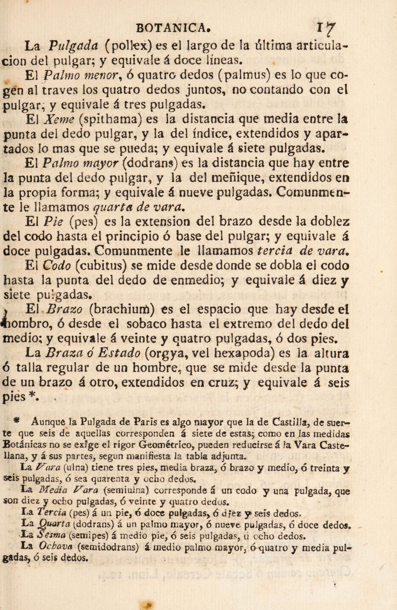 La Pulgada (pollcx)es el largo de la última articula*- cion del pulgar; y equivale á doce líneas. El Palmo menor, ó quatro dedos (palmus) es lo que co- gen al través los quatro dedos juntos, no contando con el pulgar, y equivale á tres pulgadas. El Xeme (spithama) es la distancia que media entre la punta del dedo pulgar, y la del índice, extendidos y apar- tados lo mas que se pueda; y equivale á siete pulgadas. El Palmo mayor (dodrans) es la distancia que hay entre la punta del dedo pulgar, y la del meñique, extendidos en la propia forma; y equivale á nueve pulgadas. Comunmen- te le llamamos quarta de vara. El Pie (pes) es la extensión del brazo desde 3a doblez del codo hasta el principio ó base del pulgar; y equivale á doce pulgadas. Comunmente le llamamos tercia de vara. El Codo (cubitos) se mide desde donde se dobla el codo hasta la punta del dedo de enmedio; y equivale á diez y siete pulgadas. v El Brazo (brachiurh) es el espacio que hay desde el íiombro, ó desde el sobaco hasta el extremo del dedo del medio; y equivale á veinte y quatro pulgadas, ó dos píes* La Braza o Estado (orgya, vei hexapoda) es la altura ó talla regular de un hombre, que se mide desde la punta de un brazo á otro, extendidos en cruz; y equivale á seis pies *. . * Aunque la Pulgada de París es algo mayor que la de Castilla, de suer- te que seis de aquellas corresponden á siete de estasj eomo en las medidas Botánicas no se exige el rigor Geométrico, pueden reducirse á Ja Vara Caste- llana, y á sus partes, según manifiesta la tabla adjunta. La Mara (ulna) tiene tres pies, media braza, ó brazo y medio, ó treinta y seis pulgadas, ó sea quarenta y ocho dedos. La Media Mora (semiuina) corresponde á un codo y una pulgada, que son diez y ocho pulgadas, ó veinte y quatro dedos. La Tercia (pes) á un pie, 6 doce pulgadas, 6 d fez y seis dedos. La Quarta (dodrans) á un palmo mayor, ó nueve pulgadas, 6 doce dedos. Xa Sesma (semipes) á medio pie, 6 seis pulgadas, u echo dedos. La Ochava (semidodrans) á medio palmo mayor, ó quatro y media pul- gadas, ó seis dedos. p