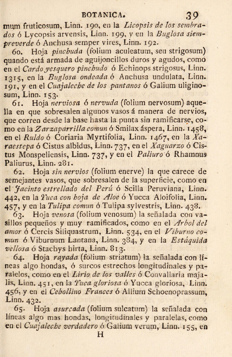mum fruticosum, Lina. 190, en la Licopsis de los sembra- dos ó Lycopsis arvensis, Lian. 199, y en la Buglosa siem- preverde 6 Anchusa semper vires, Linn. 192. 60. Hoja pinchuda (folium aculeatum, sen strigosum) quando está armada de aguijoncillos duros y agudos, como en el Cardo yesquero pinchudo ó Echinops strigosus, Lino. 1315, en la Buglosa ondeada ó Anchusa unduláis. Lian. 191, y en el Cuajaleche de los pantanos ó Gaiium uligino- sum, Linn. 153. 61. Hoja nerviosa 6 nervuda (folium nervosum) aque- lla en que sobresalen algunos vasos á manera de nervios, que corren desde la base hasta la punta sin ramificarse, co- mo en la Zarzaparrilla común ó Smilax áspera, Linn. 1458, en el Ruido ó Cariaría Myrtifolia, Linn. 1467, en la Xa- raestepa ó Cistus albidus, Linn. 737, en el Xaguarzo ó Cis- tus Monspeliensis, Linn. 737, y en el Paliuroó Rhamnus Paliurus, Linn. 281. 62. Hoja sin nervios (folium enerve) la que carece de semejantes vasos, que sobresalen de la superficie, como en el Jacinto estrellado del Perú ó Scilla Peruviana, Lino* 442, en la Tuca con hoja de Aloe ó Yucca Aloifolia, Linn. 457, y en la Tulipa común ó Tulipa sylvestrís, Linn. 438. 63. Hoja venosa (folium venosum) la señalada con va- sillos pequeños y muy ramificados, como en el Arbol del amor ó Cercis Siliquastrum, Linn. 534, en el Viburno co- mún ó Viburoum Lantana, Linn. 384, y en la Estáquida vellosa ó Stachys hirta, Linn. 813. 64. Hoja rayada (folium srriatum) la señalada con lí- neas algo hondas, ó surcos estrechos longitudinales y pa- ralelos, como en el Lirio de los valles ó Convallaria maja- lis, Linn. 451, en la Tuca gloriosa ó Yucca gloriosa, Linn. 456, y en el Cebollino Francés ó Allium Schoenoprassum, Lino. 432. 65. Hoja asurcada (folium sulcatum) la señalada con líneas algo mas hondas, longitudinales y paralelas, como en el Cuaj aleche verdadero ó Gaiium verurn, Linn. 155, en H 1