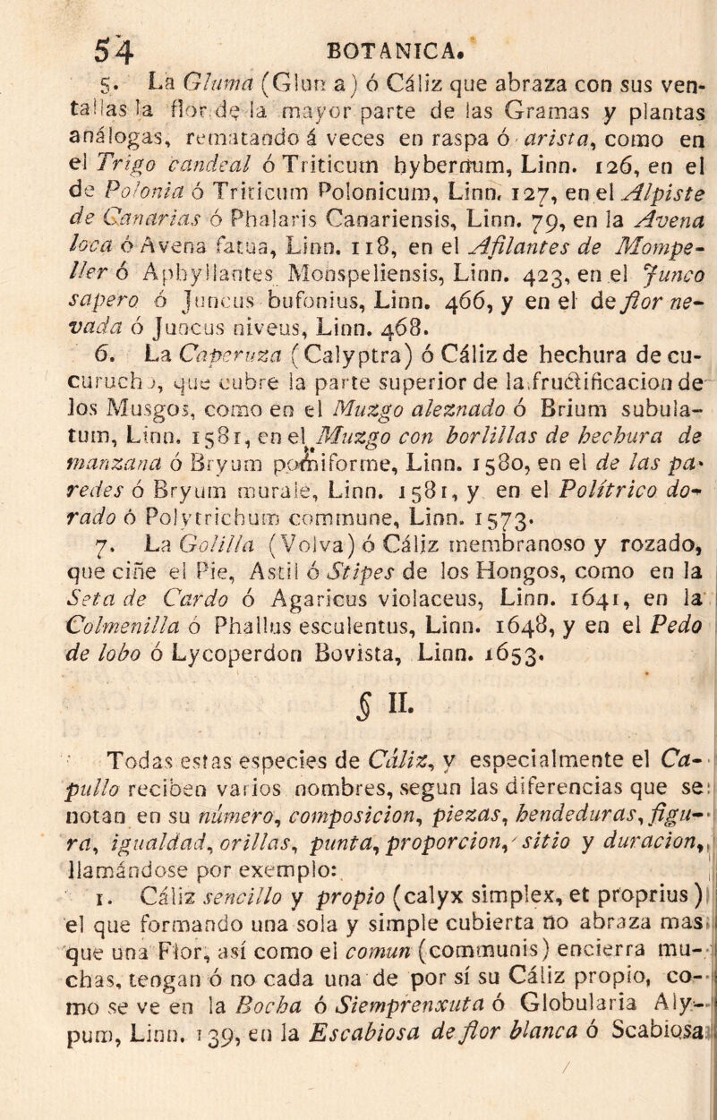 5. La Gluma (Glun a) ó Cáliz que abraza con sus ven- tallas í-a ñor la mayor parte de las Gramas y plantas análogas, rematando á veces en raspa ó arista, como en el Trigo candeal ó Triticum hyberfíum, Linn. 126, en el de Polonia ó Triticum Polonicum, Linn, 127, en el Alpiste de Canarias ó Phalaris Canariensis, Linn, 79, en la Avena loca ó Avena fatua, Linn, 118, en el Afilantes de Mornpe- ller 6 Apbyllantes _ Monspeliensis, Linn. 423,00 .0! Junco sapero ó Juneus bufonius, Linn. 466, y en el de flor ne- vada ó Juncus niveas, Linn. 468. 6. La Caperuza (Calyptra) ó Cáliz de hechura de cu- curucha, que cubre la parte superior de la-,fructificación de los Musgos, como en el Muzgo aleznado ó Brium subula- tum, Linn, 1581, en Muzgo con borliílas de hechura de manzana ó Bryum pami forme, Linn. 1580, en el de las pa- redes ó Bryum múrale, Linn. 1 581, y en el Politrico do* vado ó Pol vtrichum commane, Linn. 1573* 7. La Golilla (Volva) ó Cáliz membranoso y rozado, que ciñe el Pie, Astil ó Stipes de los Hongos, como en la Seta de Cardo ó Agaricus violaceus, Linn. 1641, en la Colmenilla ó Phal'lus esculentus, Linn. 1648, y en el Pedo de lobo ó Lycoperdon Bovista, Linn. 1653. i • § h. Todas estas especies de Cáliz, y especialmente el Ca- pullo reciben varios nombres, según las diferencias que se: notan en su número, composición, piezas, hendeduras, figu— ra, igualdad, orillas, punta, proporciona sitio y duración,, llamándose por exempio: ¡1 i. Cáliz sencillo y propio (calyx simple*, et pmprius ); 'el que formando una sola y simple cubierta río abraza mas que una Flor, así como el común (cotnoaunis) encierra mu- chas, tengan ó no cada una de por sí su Cáliz propio, co- mo se ve en la Bocha ó Siemprenxuta ó Globularia Aly/~ puro, Linn. 139, en la Escabiosa de flor blanca ó ScabíQsa: /