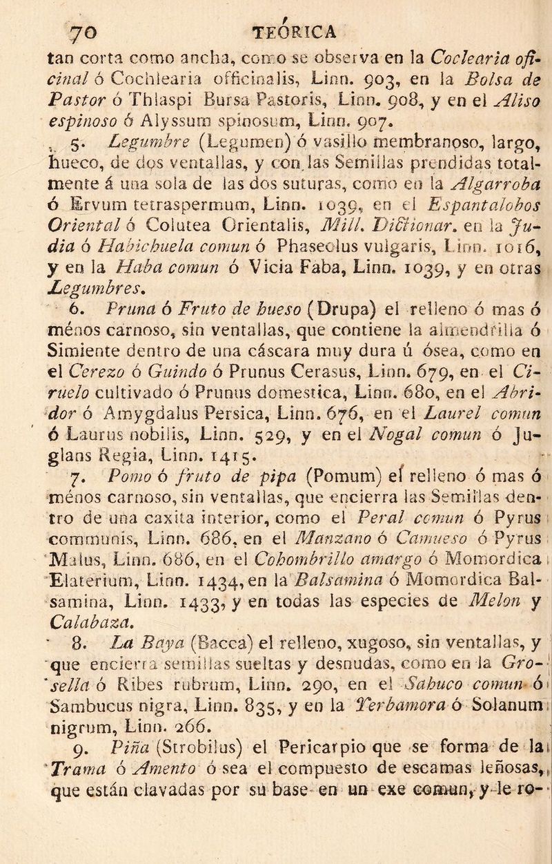 tan corta como ancha, corno se observa eo la Codearla ofi- cinal ó Cochiearia officinalis, Lino. 903, en la Bolsa de Pastor ó Thlaspi Bursa Pastor is. Lio o* 908, y en el Aliso espinoso ó Alyssurn s pin osuna, Lino* 907. . 5. Legumbre (Legurnen) ó vasillo membranoso, largo, hueco, de dos ventallas, y con. las Semillas prendidas total- mente á una sola de las dos suturas, como en la Algarroba ó Ervum tetraspermum, Lino. 1039, en el Espantalobos Oriental ó Col atea Orientalis, MilL DiSHonar. en la Ju- dia ó Habichuela común ó Phaseoius vulgaris, I.ion. 1016, y eo la Haba común ó Vicia Faba, Lino, 1039, y en otras Legumbres. 6. Pruna ó Fruto de hueso (Drupa) el relleno ó mas ó méaos carnoso, sin ventallas, que contiene la almendrilla ó Simiente dentro de una cáscara muy dura ú ósea, como en el Cerezo ó Guindo ó Prunus Cerasus, Lino. Ó79, en el Ci- ruelo cultivado ó Prunus domestica, Lino, 680, en el Abri- dor ó Amygdalus Pérsica, Lina, 676, en el Laurel coman ó Lauras oobilis. Lien. 529, y en el Nogal común ó ju- glans Regia, Lian. 1415. 7. Pomo ó fruto de pipa (Pomum) el relleno ó mas ó rrséoos carnoso, sin ventallas, que -encierra las Semillas den- tro de una caxka interior, como el Peral común ó Pyrus coramunís, Lino. 686, eo el Manzano ó Camueso ó Pyrus Milus, Lino, 686, en el Cohombrillo amargo ó Momordica El aten uní, Lino. 1434,60 la Balsamina ó Momordica Bal- samina, Lion. 1433? y en toc*as ^as especies de Melón y Calabaza. ‘ 8» La Baya (Baccá) el relleno, xugoso, sio ventallas, y ■que encierra semillas sueltas y desnudas, como eoia Gro- ' *sella ó Ribes rubrum, Lino* 290, en el Sabuco común ó Sambucas nigra, Lino. 835, y eo la Terbamora ó Solanum nigrum, Lino. 266. 9. Pina (Strobilus) el Pericarpio que se forma de la¡ ‘Trama ó Amento ó sea el compuesto de escamas leñosas,, que están clavadas por su base en un exe Gomu%y le ro-
