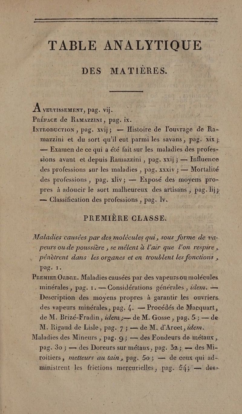TABLE ANALYTIQUE DES MATIÈRES. A VENTISSEMERT, Pag. Vij. Prérace de Ramazzint, pag. ix. Ixrropucrion , pag. xvij; — Histoire de l'ouvrage de Ra- mazzini et du sort qu'il eut parmi les savans, pag. xix; — Examen de ce qui a été fait sur les maladies des profes- sions avant et depuis Ramazzini , pag. xxij ; — Influence des professions surles maladies , pag, xxxiv ; — Mortalité des professions, pag. xliv; — Exposé des moyens pro- pres à adoucir le sort malheureux des artisans > Pag: bij 5: — Classification des professions , pag: lv. PREMIÈRE CLASSE. Maladies causées par des molécules qui, sous forme de va- | peurs ou de poussière , se mêlent à l'air que l’on respire pénètrent dans les organes et en troublent les fonctions , pag. 1. Preurer Onpre. Maladies causées par des vapeurs ou molécules . minérales , pag. 1. — Considérations générales , idens. — Description des moyens propres à garantir les ouvriers. des vapeurs minérales, pag. 4. — Procédés de Macquart, de M. Brizé-Fradin,, idem ;— de M. Gosse , pag. 5; — de M. Rigaud de Eisle, pag. 7 ; — de M. d'Arcet, es Maladies des Mineurs ; pag. 9; — des Fondeurs de métaux, pag. 30 ; — des Doreurs sur métaux, pag. 32.; — des Mi- roiliers, Aelteurs au tain, pag. bo; — de ceux qui ad-. ministrent les frictions mercurielles, pag. 54; — des-