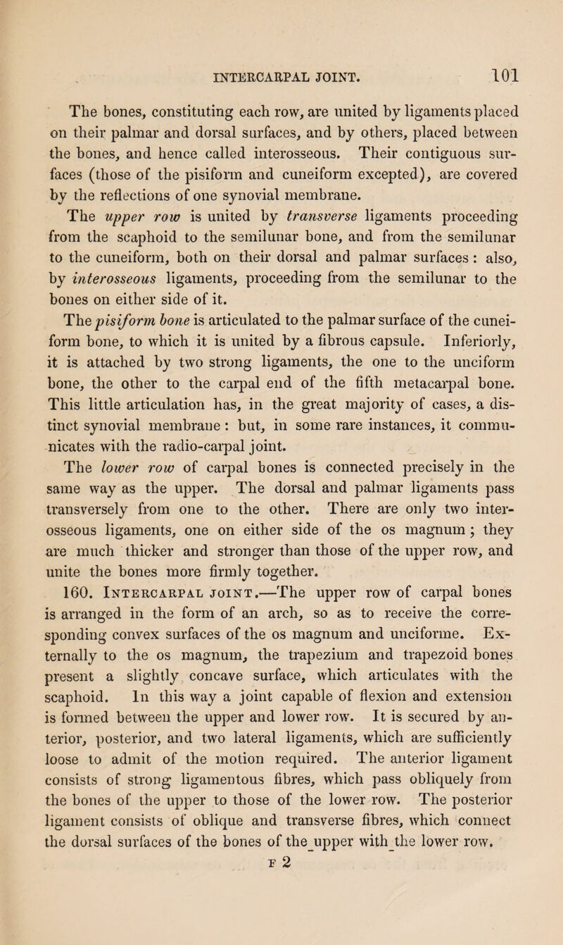 The bones, constituting each row, are united by ligaments placed on their palmar and dorsal surfaces, and by others, placed between the bones, and hence called interosseous. Their contiguous sur¬ faces (those of the pisiform and cuneiform excepted), are covered by the reflections of one s The upper row is united by transverse ligaments proceeding from the scaphoid to the semilunar bone, and from the semilunar to the cuneiform, both on their dorsal and palmar surfaces: also, by interosseous ligaments, proceeding from the semilunar to the bones on either side of it. The pisiform hone is articulated to the palmar surface of the cunei¬ form bone, to which it is united by a fibrous capsule. Inferiorly, it is attached by two strong ligaments, the one to the unciform bone, the other to the carpal end of the fifth metacarpal bone. This little articulation has, in the great majority of cases, a dis¬ tinct synovial membrane: but, in some rare instances, it commu¬ nicates with the radio-carpal joint. The lower row of carpal bones is connected precisely in the same way as the upper. The dorsal and palmar ligaments pass transversely from one to the other. There are only two inter¬ osseous ligaments, one on either side of the os magnum; they are much thicker and stronger than those of the upper row, and unite the bones more firmly together. 160. IntercarpAL joint,—The upper row of carpal bones is arranged in the form of an arch, so as to receive the corre¬ sponding convex surfaces of the os magnum and unciforme. Ex¬ ternally to the os magnum, the trapezium and trapezoid bones present a slightly concave surface, which articulates with the scaphoid. In this way a joint capable of flexion and extension is formed between the upper and lower row. It is secured by an¬ terior, posterior, and two lateral ligaments, which are sufficiently loose to admit of the motion required. The anterior ligament consists of strong ligamentous fibres, which pass obliquely from the bones of the upper to those of the lower row. The posterior ligament consists of oblique and transverse fibres, which connect the dorsal surfaces of the bones of the_^upper with_the lower row. E 2 ynovial membrane.