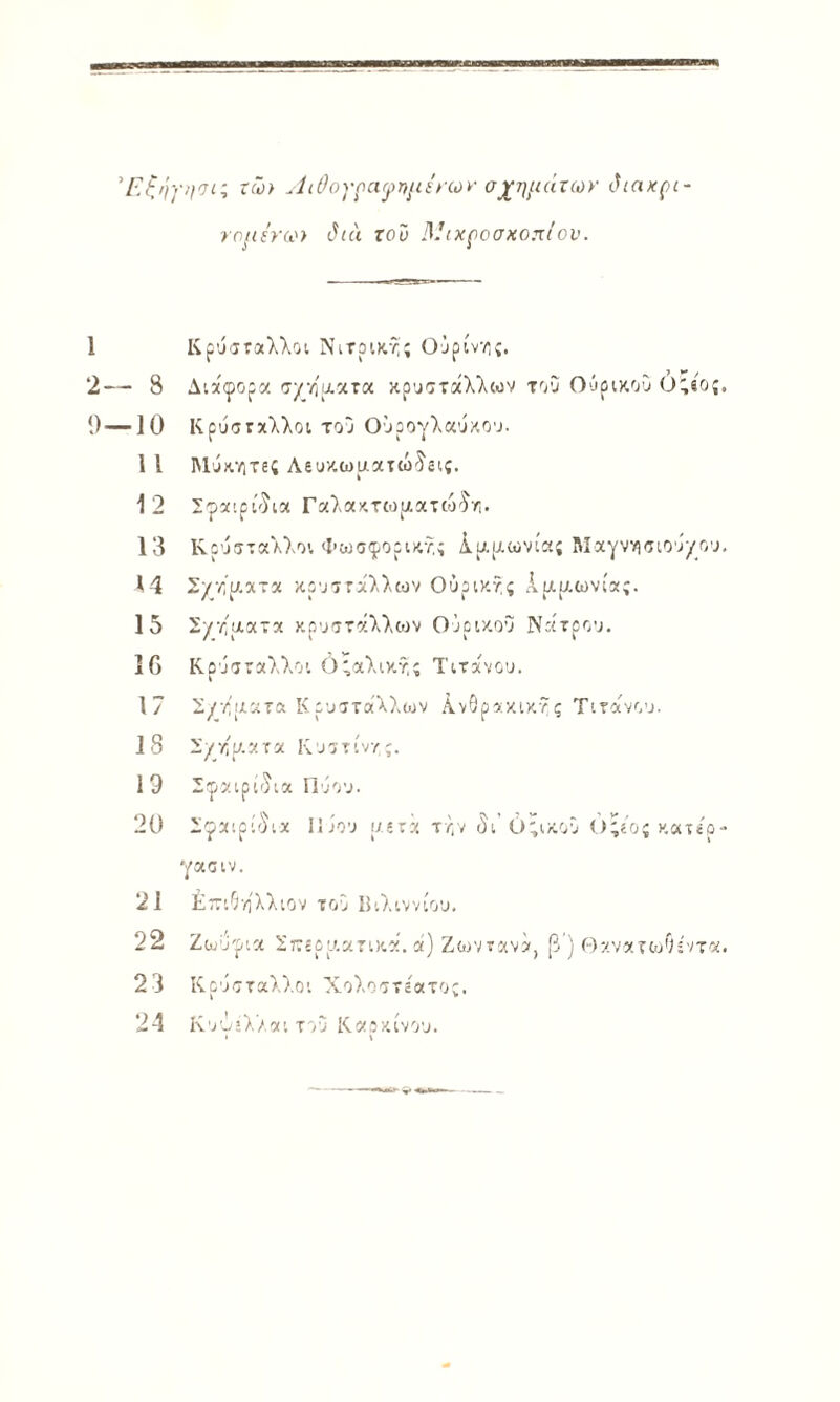 ΕΡ,ήγηΟί; ΐώ) Α^ΰογρα^^)ημΐ^^(ύ^ σχΐ]μάτω>· ι^ιακρι ΎομΐγίΟ δια Γοϋ ΜιχροσκοπΙον. 1 Κρϋίταλλοι Νιτρικ,χ; Ο^ρίν/*,;. 2— 8 Διάφορά σ^ηαχτα κρυοτχλλων τοΟ ΟύρικοΟ ϋ;ίος 1) —10 Κρυσιχλλοι τοο Οΰρογλκυκου. 1 Ι 1\1υκ·/;τες Λευ/.ωαατώ^'δίς. 12 Σφχιρί'ϊια Γαλ«κτωρ/.ατώ^·Γ,. 13 Κρύσταλλοι Ψωσφορικί; Ιαιχωνία; Μαγννισιοόχου 14 Σ/·/;'αχτα κροτταλλων Οΰρικ·?ς Ιριριωνία;. 15 Σ^/τ'αχτα κρυστάλλιον Οορικολ Νατρου. 10 Κρύσταλλοι Οζαλικτ,ς Τιτχνου. 17 Σ^/'ΐΛατα Κρυσταλλιυν Ανθρακικές Τιτανου. 18 Σ//'ρ/.ατα Κυστίνγς. 19 Σφαιρί'νία Πόου. 20 Σφαιρίί^ίιχ Ιΐ^ου ι/δτά τγν (5ι'6;ικοό υ;?ος κατερ γασιν. 21 ΕττιΟ'/ίλλιον τον Ι>ιλιννίου. 22 Ζωύφια Σττίρρ'.αηκα. ά) Ζοιντανα, β ) ΗκνατίυΟί'ντα 23 Κρύσταλλοι Χολοστεατος. 2 4 Κ ο ύ ί λ >, α ι τ ο ο Κ «κ ίν ου.