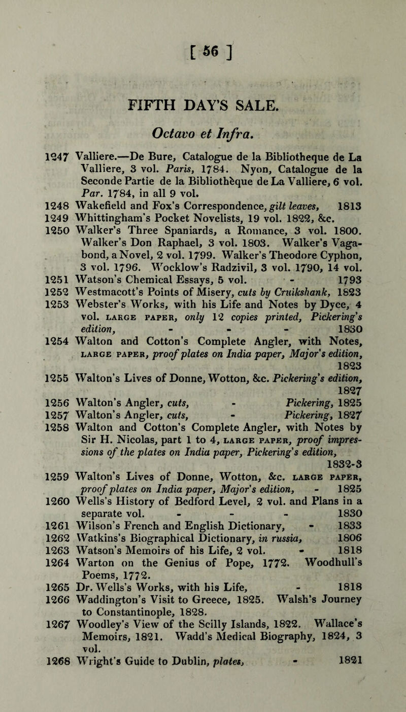 [56] FIFTH DAY’S SALE. Octavo et Infra. 1247 Valliere.—De Bure, Catalogue de la Bibliotheque de La Valliere, 3 vol. Paris, 1784. Nyon, Catalogue de la Seconde Partie de la Bibliothbque de La Valliere, 6 vol. Par. 1784, in all 9 vol. 1248 Wakefield and Fox’s Correspondence, gilt leaves, 1813 1249 Whittingham’s Pocket Novelists, 19 vol. 1822, &c. 1250 Walker’s Three Spaniards, a Romance, 3 vol. 1800. Walker’s Don Raphael, 3 vol. 1803. Walker’s Vaga- bond, a Novel, 2 vol. 1799. Walker’s Theodore Cyphon, 3 vol. 1796. Wocklow’s Radzivil, 3 vol. 1790, 14 vol. 1251 Watson’s Chemical Essays, 5 vol. - 1793 1252 Westmacott’s Points of Misery, cuts by Cruikshank, 1823 1253 Webster’s Works, with his Life and Notes by Dyce, 4 vol. large paper, only 12 copies printed, Pickerings edition, - 1830 1254 Walton and Cotton’s Complete Angler, with Notes, large paper, proof plates on India paper, Major s edition, 1823 1255 Walton’s Lives of Donne, Wotton, &c. Pickering's edition, 1827 1256 Walton’s Angler, cuts, - Pickering, 1825 1257 Walton’s Angler, cuts, - Pickering, 1827 1258 Walton and Cotton’s Complete Angler, with Notes by Sir H. Nicolas, part 1 to 4, large paper, proof impres- sions of the plates on India paper, Pickering's edition, 1832-3 1259 Walton’s Lives of Donne, Wotton, &c. large paper, proof plates on India paper, Majors edition, - 1825 1260 Wells’s History of Bedford Level, 2 vol. and Plans in a separate vol. - 1830 1261 Wilson’s French and English Dictionary, - 1833 1262 Watkins’s Biographical Dictionary, in russia, 1806 1263 Watson’s Memoirs of his Life, 2 vol. - 1818 1264 Warton on the Genius of Pope, 1772. Woodhull’s Poems, 1772. 1265 Dr. Wells’s Works, with his Life, - 1818 1266 Waddington’s Visit to Greece, 1825. Walsh’s Journey to Constantinople, 1828. 1267 Woodley’s View of the Scilly Islands, 1822. Wallace’s Memoirs, 1821. Wadd’s Medical Biography, 1824, 3 vol. 1268 Wright’s Guide to Dublin, plates, 1821