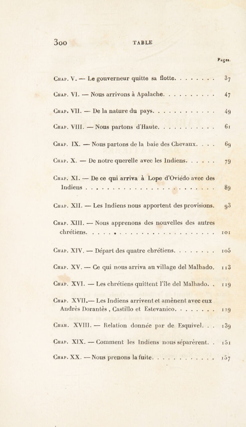 Page». Chap. V. — Le gouverneur quitte sa flotte. 37 Chap. VI. — Nous arrivons à Apalache. 47 Chap. Vil. — De la nature du pays. 49 Chap. VIII. —Nous partons d’Haute. 61 Chap. IX. — Nous partons de la baie des Chevaux. ... 69 Chap. X. — De notre querelle avec les Indiens. 79 Chap. XI. — De ce qui arriva à Lope d’Oviedo avec des Indiens. 89 Chap. XII. — Les Indiens nous apportent des provisions. 93 Chap. XIII. —Nous apprenons des nouvelles des autres chrétiens. 101 Chap. XIV, — Départ des quatre chrétiens. io5 Chap. XV. — Ce qui nous arriva au village del Malhado. 113 Chap. XVI. — Les chrétiens quittent Tile del Malhado. . 119 Chap. XVII.— Les Indiens arrivent et amènent avec eux Andrès Dorantes , Castillo et Estevanico.. 129 Chah. XVIII. — Relation donnée par de Esquivel. . . i3g Chap. XIX.—Comment les Indiens nous séparèrent. . i5i Chap. XX. — Nous prenons la fuite. 167