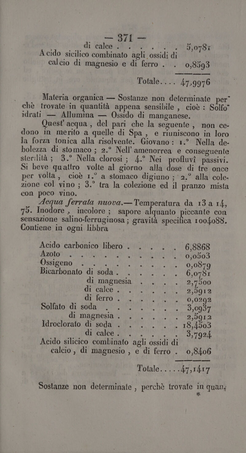 cat E Lo di ‘calceaf@o ioni , (ee vr Acido sicilico combinato agli ossidi di calcio di magnesio e di ferro . . 0,8593 Totale. ... 47,9976 Materia organica — Sostanze non determinate per chè trovate in quantità appena sensibile , cioè : Solfo idrati — Allumina — Ossido di manganese. Quest acqua, del pari che la seguente , non ce- dono in merito a quelle di Spa, e riuniscono in loro ia forza tonica alla risolvente. Giovano : 1.° Nella de- bolezza di stomaco ; 2.° Nell’ amenorrea e conseguente sterilità; 3.° Nella clorosi ; 4.° Nei profluvî passivi. Si beve quattro volte al giorno alla deeé di tre once per volta, cioè 1.° a stomaco digiuno ; 2.° alla cole- zione col vino ; 3.° tra la colezione ed il pranzo mista con poco vino. Acqua ferrata nuova.— Temperatura da 13 a 14, 75. Inodore , incolore ; sapore alquanto piccante con sensazione salino-ferruginosa ; gravità specifica 1004088. Contiene in ogni libbra Acido carbonico libero . . . . . 6,8868 Azoto . OI RR 9903 Ossigeno LATP NCL SO SBN 0 Bicarbonato di soda. . ... . 6,0781 di magnesia CREME a 1 DEL, ILE AT UILAGITO Geo o LR 0,0292 Solfato di soda ARTE CIa Ta) SC di magnesio e 0, VSS boa idrocioralo dicsodalgeR one o tici 184303 tt oh. lA ERO NE Py (11:71 Acido silicico combinato agli ossidi di calcio , di magnesio , e di ferro . 0,8406 Totale &gt; 47,147 ° ° Sostanze non determinate , perchè trovate in quan, *