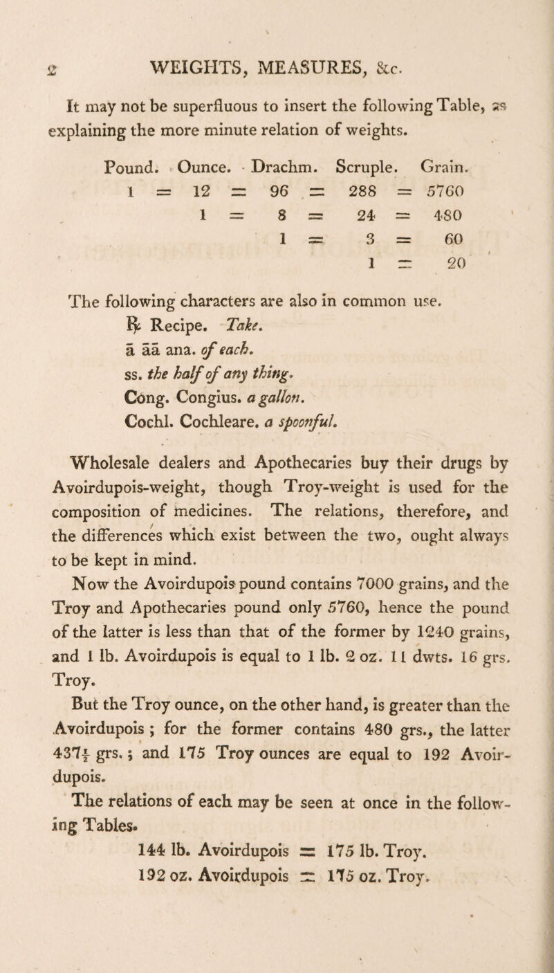 It may not be superfluous to insert the following Table, as explaining the more minute relation of weights. Pound. Ounce. • Drachm. Scruple. Grain. 1 = 12 = 96 = 288 = 5760 1 = 8 == 24 = 480 1 = 3 = 60 1 r: 20 The following characters are also in common use. Recipe. Take. a aa ana. of each. ss. the half of any thing, Cong. Congius, a gallon. Cochl. Cochleare, a spoonful. Wholesale dealers and Apothecaries buy their drugs by Avoirdupois-weight, though Troy-weight is used for the composition of medicines. The relations, therefore, and the differences which exist between the two, ought always to be kept in mind. Now the Avoirdupois pound contains 7000 grains, and the Troy and Apothecaries pound only 5760, hence the pound of the latter is less than that of the former by 1240 grains, and 1 lb. Avoirdupois is equal to 1 lb. 2 oz. 11 dwts. 16 grs. Troy. But the Troy ounce, on the other hand, is greater than the Avoirdupois ; for the former contains 480 grs., the latter 437-f- grs.; and 175 Troy ounces are equal to 192 Avoir¬ dupois. The relations of each may be seen at once in the follow¬ ing Tables. 144 lb. Avoirdupois =: 175 lb. Troy. 192 oz. Avoirdupois rz 175 oz. Troy.