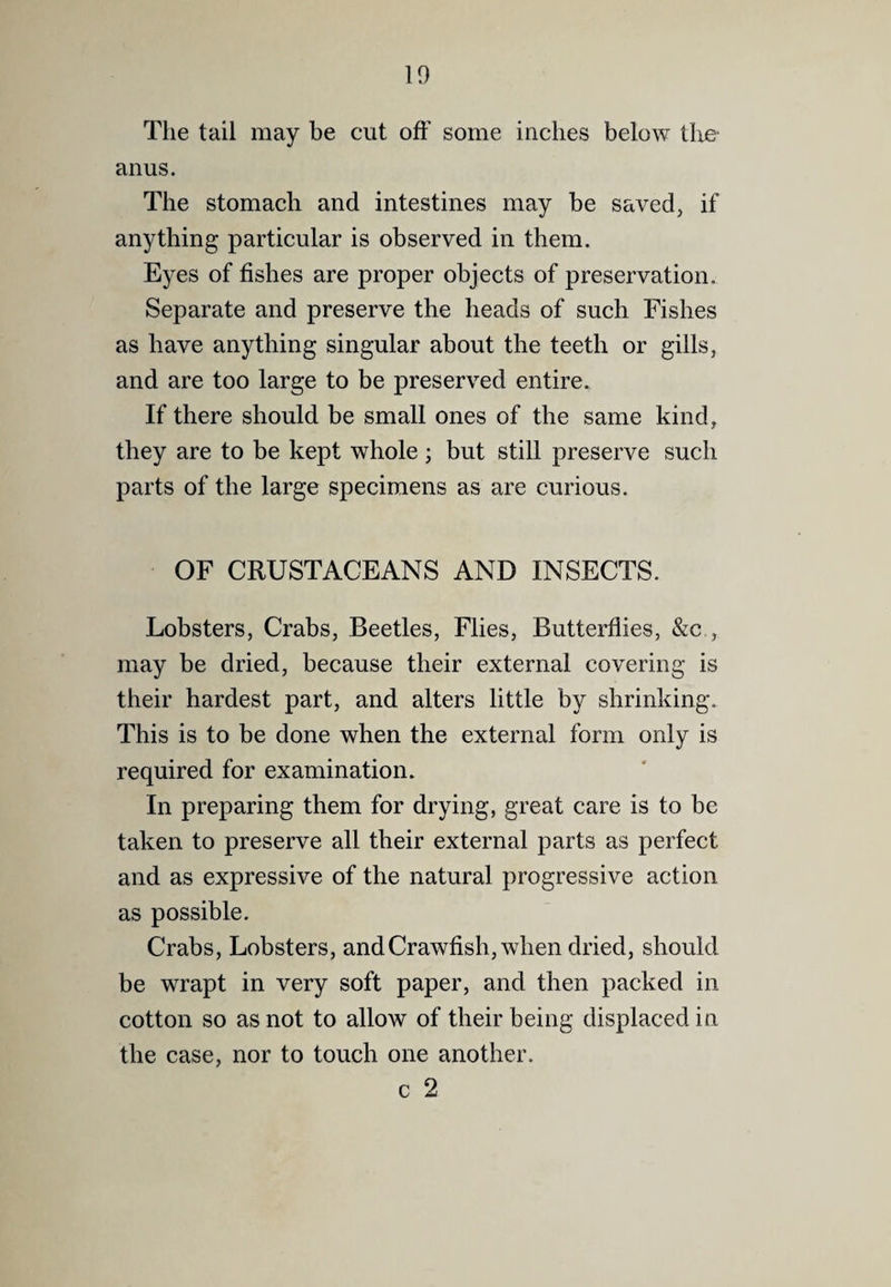 The tail may be cut off some inches below the* anus. The stomach and intestines may be saved, if anything particular is observed in them. Eyes of fishes are proper objects of preservation. Separate and preserve the heads of such Fishes as have anything singular about the teeth or gills, and are too large to be preserved entire. If there should be small ones of the same kind, they are to be kept whole ; but still preserve such parts of the large specimens as are curious. OF CRUSTACEANS AND INSECTS. Lobsters, Crabs, Beetles, Flies, Butterflies, &c , may be dried, because their external covering is their hardest part, and alters little by shrinking. This is to be done when the external form only is required for examination. In preparing them for drying, great care is to be taken to preserve all their external parts as perfect and as expressive of the natural progressive action as possible. Crabs, Lobsters, andCrawfish, when dried, should be wrapt in very soft paper, and then packed in cotton so as not to allow of their being displaced in the case, nor to touch one another. c 2