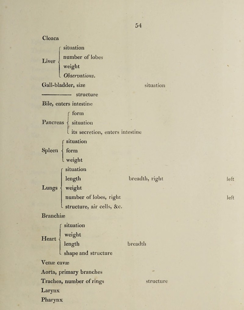 54 Liver . Cloaca situation number of lobes weight . Observations. Gall-bladder, size -structure Bile, enters intestine f form I . . Jrancreas ■{ situation I . L its secretion, enters intestine ■ situation Spleen > form . weight situation length Lungs weight number of lobes, right - structure, air cells, &c. situation breadth, right Branchiae Heart \ situation weight length . shape and structure Venae cavae Aorta, primary branches Trachea, number of rings Larynx Pharynx breadth structure left left