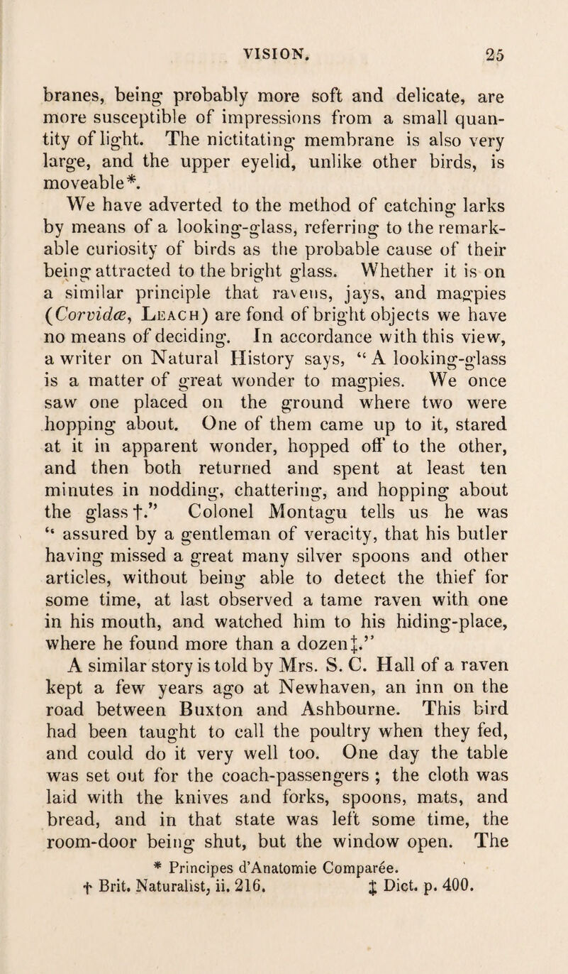 branes, being probably more soft and delicate, are more susceptible of impressions from a small quan¬ tity of light. The nictitating membrane is also very large, and the upper eyelid, unlike other birds, is moveable*. We have adverted to the method of catching larks by means of a looking-glass, referring to the remark¬ able curiosity of birds as the probable cause of their being attracted to the bright glass. Whether it is on a similar principle that ravens, jays, and magpies (Corvidce, Leach) are fond of bright objects we have no means of deciding. In accordance with this view, a writer on Natural History says, “ A looking-glass is a matter of great wonder to magpies. We once saw one placed on the ground where two were hopping about. One of them came up to it, stared at it in apparent wonder, hopped off to the other, and then both returned and spent at least ten minutes in nodding, chattering, and hopping about the glass t-” Colonel Montagu tells us he was ‘‘ assured by a gentleman of veracity, that his butler having missed a great many silver spoons and other articles, without being able to detect the thief for some time, at last observed a tame raven with one in his mouth, and watched him to his hiding-place, where he found more than a dozen A similar story is told by Mrs. S. C. Hall of a raven kept a few years ago at Newhaven, an inn on the road between Buxton and Ashbourne. This bird had been taught to call the poultry when they fed, and could do it very well too. One day the table was set out for the coach-passengers ; the cloth was laid with the knives and forks, spoons, mats, and bread, and in that state was left some time, the room-door being shut, but the window open. The * Principes d’Anatomie Comparee. f Brit. Naturalist, ii. 216. $ Diet. p. 400.