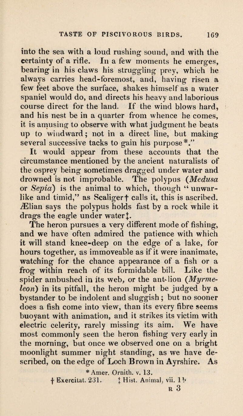 into the sea with a loud rushing sound, and with the certainty of a rifle. In a few moments he emerges, bearing in his claws his struggling prey, which he always carries head-foremost, and, having risen a few feet above the surface, shakes himself as a water spaniel would do, and directs his heavy and laborious course direct for the land. If the wind blows hard, and his nest be in a quarter from whence he comes, it is amusing to observe with what judgment he beats up to windward; not in a direct line, but making several successive tacks to gain his purpose*.” It would appear from these accounts that the circumstance mentioned by the ancient naturalists of the osprey being sometimes dragged under water and drowned is not improbable. The polypus (Medusa or Sepia) is the animal to which, though “ unwar¬ like and timid,” as Scaligerf calls it, this is ascribed. iElian says the polypus holds fast by a rock while it drags the eagle under water The heron pursues a very different mode of fishing, and we have often admired the patience with which it will stand knee-deep on the edge of a lake, for hours together, as immoveable as if it were inanimate, watching for the chance appearance of a fish or a frog within reach of its formidable bill. Like the spider ambushed in its web, or the ant-lion (Myrme- leon) in its pitfall, the heron might be judged by a bystander to be indolent and sluggish; but no sooner does a fish come into view, than its every fibre seems buoyant with animation, and it strikes its victim with electric celerity, rarely missing its aim. We have most commonly seen the heron fishing very early in the morning, but once we observed one on a bright moonlight summer night standing, as we have de¬ scribed, on the edge of Loch Brown in Ayrshire. As *Amer. Ornith. v. 13. \ Exercitat. 231. J Hist. Animal, vii. l b R 3