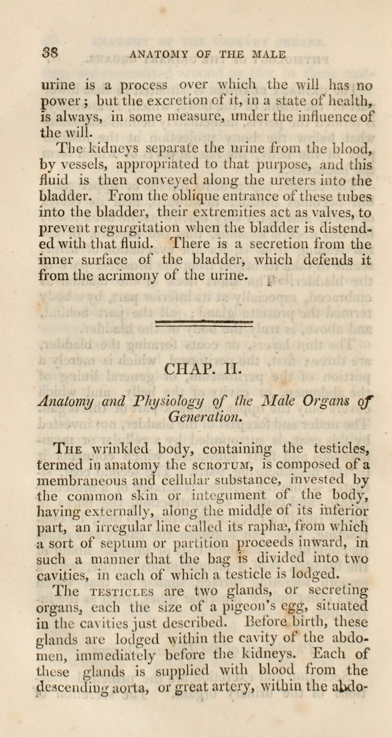 urine is a process over which the will has no power ; but the excretion of it, in a state of health, is always, in some measure, under the influence of the will. The kidneys separate the urine from the blood, by vessels, appropriated to that purpose, and this fluid is then conveyed along the ureters into the bladder. From the oblique entrance of these tubes into the bladder, their extremities act as valves, to prevent regurgitation when the bladder is distend¬ ed with that fluid. There is a secretion from the inner surface of the bladder, which defends it from the acrimony of the urine. CHAP. II. Anatomy and Physiology of the Male Organs of Generation. The wrinkled body, containing the testicles, termed in anatomy the scrotum, is composed of a membraneous and cellular substance, invested by the common skin or integument of the body, having externally, along the middle of its inferior part, an irregular line called its raphee, from which a sort of septum or partition proceeds inward, in such a manner that the bag is divided into two cavities, in each of which a testicle is lodged. The testicles are two glands, or secreting organs, each the size of a pigeon’s egg, situated in the cavities just described. Before birth, these glands are lodged within the cavity of the abdo¬ men, immediately before the kidneys. Each of these glands is supplied with blood from the descending aorta, or great artery, within the aUlo-