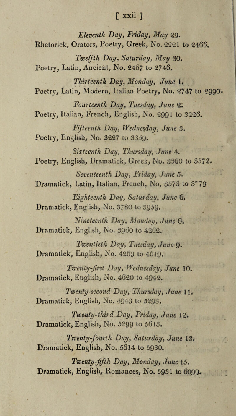 Eleventh Day, Friday, May 29. Rhetorick, Orators, Poetry, Greek, No. 2221 to 246(>j Twelfth Day, Saturday, May 30, Poetry, Latin, Ancient, No. 246? to 2746. Thirteenth Day, Monday, June 1. Poetry, Latin, Modern, Italian Poetry, No. 2747 to 2990» Fourteenth Day, Tuesday, June 27 Poetry, Italian, French, English, No. 2991 to 3226. Fifteenth Day, Wednesday, June 3. Poetry, English, No, 3227 to 3359. Sixteenth Day, Thursday, June 4. Poetry, English, Dramatick, Greek, No. 3360 to 3572» Seventeenth Day, Friday, June 5. Dramatick, Latin, Italian, French, No. 3573 to 3^79 Eighteenth Day, Saturday, June 6. Dramatick, English, No. 3780 to 3959. Nineteenth Day, Monday, June 8. Dramatick, English, No. 3960 to 42u2. Tieentieih Day, Tuesday, June 9. Dramatick, English, No. 4263 to 4619.' Twenty first Day, Wednesday, June 10. Dramatick, English, No,. 4620 to 4942. Twenty ^second Day, Thursday, June 11. Dramatick, English, No. 4943 to 5298. Twenty-third .Day, Friday, June 12. Dramatick, English, No. 5299 to 5613. Twenty-fourth Day, Saturday, June 13^ Dramatick, English, No. 5614 to 5930. ‘ Twenty-fifth Day, Monday, June 15. Dramatick, English, Romances, No. 5931 to 6099*