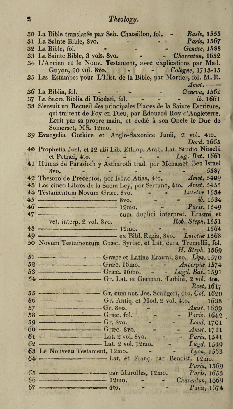 30 La Bible translatee par Seb. Chateillon, fol. - Basle, 1555 31 La Sainte Bible, 8vo. - - Paris, 156/ 32 La Bible, fol. • - - Geneve, 1588 33 La Sainte Bible, 3 vols. 8vo, - - Charenton, l652 34 L^Ancien et le Nouv. Testament, avec explications par Mad. Guyon, 20 vol. 8vo. - - Cologne, 1713*15 35 Les Estampes pour L^Hist. de la Bible, par Mortier, fol. M. R. Amst.- 36 La Biblia, fol. - . • - Geneva, 15^2 37 La Sacra Biblia di Diodati, fol. - - - ib. l66l 38 S'ensuit un Recueil des principales Places de la Sainte Escriture, qui traitent de Foy eii Dieu, par Edouard Roy d'Angleterre. Ecrit par sa propre main, et dedie a son Oncle le Due de Somerset, MS. 12mo. 39 Evangelia Gothice et Anglo-Saxonice Junii, 2 vol, 4to. Dord. 1665 40 Prophetia Joel, et 12 alii Lib. Ethiop. Arab. Lat. Studio Nisselii et Petraei, 4to. - - - - Lug. Bat, 1661 41 Humas de Parasioth y Astharoth trad, por Menasseh Ben Israel 8vo. ' - - . - . 5387 Amst, 5409 Amst. 5455 Lutetice 1534 ib, 1534 Paris. J549 42 Thesoro de Preceptos, por Ishac Atias, 4to, 43 Los cinco Libros de la Sacra Ley, por Serrano, 4to 44 Testamentum Novum Grcec. 8vo. 8vo. 12mo. cum diiplici interpret. Erasmi et Rob. Steph. 1551 12mo, - - 15^4 ex Bibl. Regia, 8vo. Lutetice 1568 vet. interp. 2 vol. 8vo. 45 . 46 • 47 ' 48 - 49 • 50 Novum Testamentum Graec. Syriac, et Lat, cura 'I’remellii, fol, H. Steph. 1569 51 ---Graeceet Latine Erasmi, 8vo. Lips. 1570 52 ---Grcec. l6mo, - - Anverpice 1574 53 -Graec. l6mo. - - Lugd. Bat, 1591 54 -Gr. Lat. et German. -Lubini, 2 vol. 4t*. Rost. 1617 Gr. cum not, Jos. Scaligeri, 4to. Col. 16'20 Gr. Antiq. et Mod. 2 vol. 4to. 1638 55 66 67 58 59 60 61 62 63 64 65 66 67 -Gr, 8vo. -:-Gi aec. fol. -Gr. 8vo. -Graec. 8vo. -Lat. 2 vol. 8vo. --Lat. 2 vol. 12mo. Le Nouveau Testament, 12mo. ---Lat. et Franc. par par IMarolles, 12rao. 12mo. 4to. Amst. 1639 - Paris. 1642 Lond. 1701 - Amst, 1711 - Paris. 1541 Lugd. 1549 - Lpon, 1563 Benoist, 12mo. Palis, 1569 Paris, l6'53 Charenton, 1669 Paris, 1674