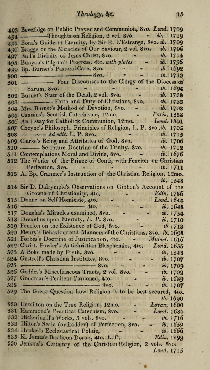 4p3 Beveridge on Public Prayer and Communion, 8vo. Land, I709 ^-Thoughts on Religion, 2 vol. 8vo. - ib, I719 495 Bona’s Guide to Eternity, by Sir R. L’Estrange, 8vo. ib» .I7O9 ib. 170G ih. 1714 ib. 179s ib. 1692 ib. 1713 496 Bragge on the Miracles of Our Saviour, 2 voL 8vo. 497 Bull’s Divinity of Jesus Christ, 8vo. 498 Bunyan’s Pilgrim’s Progress, 4to. with plates 4gg Bp. Burnet’s Pastoral Care, 8vo. 500 501 8vo. ---— Four Discourses to the Clergy of the Diocess of Sarum, 8vo. - - - ib. I694 502 Burnet’s State of the Dead, 2 vol. 8vo. - ib. 1728 503 --Faith and Duty of Christians, 8vo. ib, 1733 504 Mrs. Burnet’s Method of Devotion, 8vo. - ib. 17O8 505 Canisius’s Scottish Catechisme, 12rao. - PariSf 1588 506’ An Essay for Catholick Communion, 12mo. Loftd. 1801 507 Cheyne’s Philosoph. Principles of Religion, L. P. 8vo .ib. 1705 508 -— 2d edit. L. P. 8vo. - ib. 1715 509 Clarke’s Being and Attributes of God, Svo. ib. 1706 Scripture Doctrine of the Trinity, Svo. ib. 1712 ib.~ 1676 510 511 512 513 514 515 516 517 Douglas’s Miracles examined, Svo. 518 Drexelius upon Eternity, L. P. Svo. 519 Fenelon on the Existence of God, 8vo. 520 Fleury’s Behaviour and Manners of the Christians, 8vo. 25.1698 Forbes’s Doctrine of Juslitication, 4to. - Middel. I6T6 Christ. Fowler’s Antichristian Blasphemies, 4to. Land, l655 Contemplations Moral and Divine, Svo. The Works of the Prince of Conti, with Fenelon on Christian Perfection, Svo. - - - ib. 1711 A. Bp. Cranmer’s Instruction of the Christian Religion, 12mo, ' ' ib. 1548 Sir D. Dalrymple’s Observations on Gibbon’s Account of the Growth of Christianity, 4to. - Edhi. 1786 Donne on Self Homicide, 4to. - - Lond. 1644 -4to. - « ib. l648 ib. 1754 ib. 1710 ib 1713 521 522 523 524 525 A Boke made by Fryth, 8vo. Gastrell’s Christian Institutes, Svo, » ' --Svo. 526 Geddes’s Miscellaaeous Tracts, 2 vol. Svo. 527 Goodman’s Penitent Pardoned, 4to. 528 -Svo. ib. 1548 ib. 1707 ib. 1709 ib. 1702 ib. 1689 ib. 1707 529 The Great Question how Religion is to be best secured, 4to, ib. 1690 530 Hamilton on the True Religion, 12mo. 531 Hammond’s Practical Catechism, Svo. 532 Hickeringill’s Works, 3 vols. 8vo. 533 Hilton’s Seale (or Ladder) of Perfection, Svo, 534 Hooker’s Ecclesiastical Politic, 535 K. James’s Basilicon Doron, 4to. L. P. 536 Jenkins’s Certainty of the Christian Religion, 2 vols. 8vo. Lo?id. 1715 Lovarif 1600 Lond, l684 ih. 1716 ib. 1659 ib. 1666 Edin. 1599