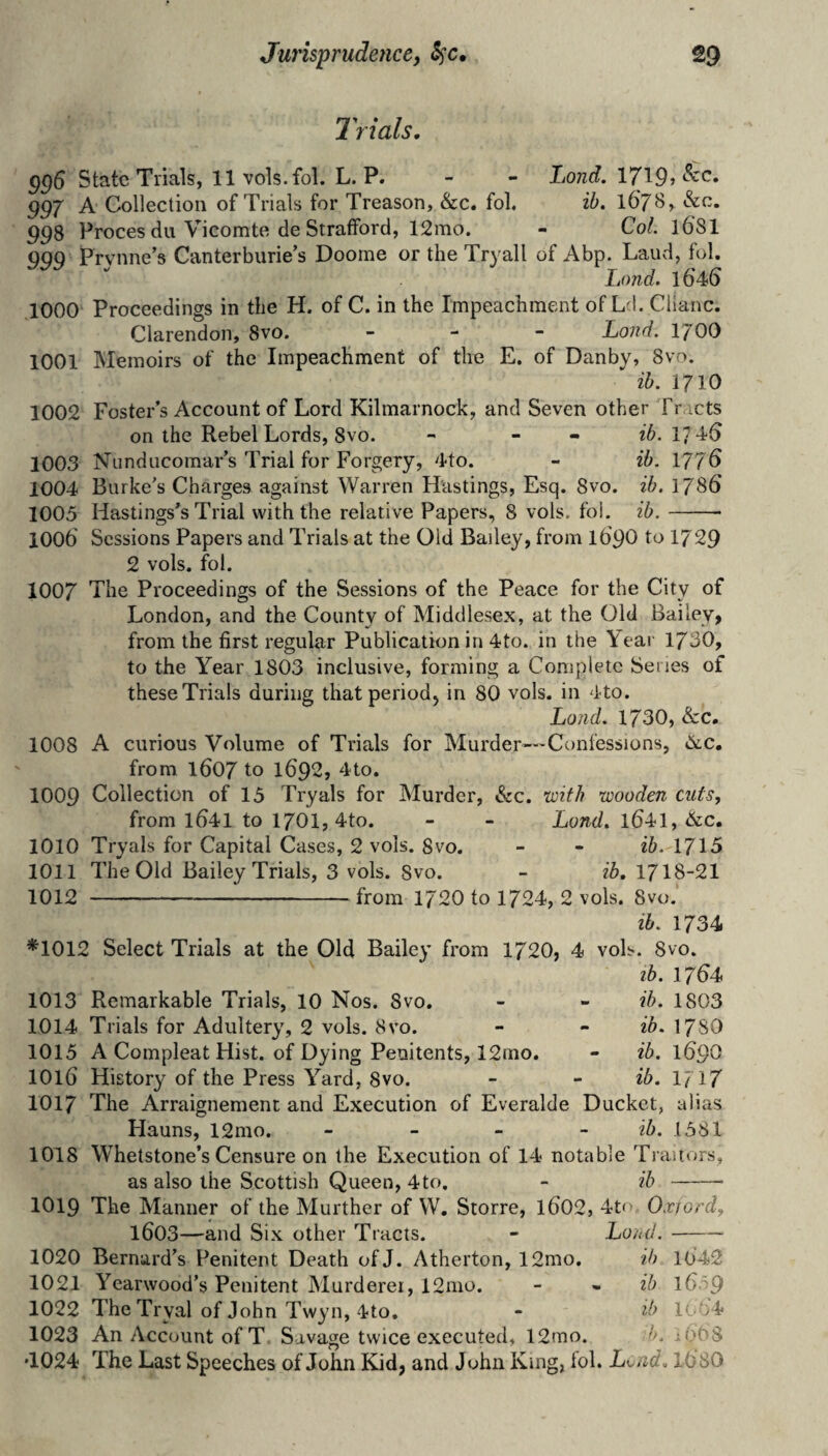 Trials. gg6 State Trials, llvols.fol. L. P. - - Land. 1719> 997 A Collection of Trials for Treason, &c. fol, ilf. lOjS, See. 998 Proces dll Vicomte de Strafford, 12mo. - Col. 168I 9QQ Prvnne’s Canterburie’s Doome or the Tryall of Abp. Laud, fol. Land. 164>6 1000 Proceedings in the H. of C. in the Impeachment of Ld. Clianc. Clarendon, 8vo. _ - - Loud. 17OO 1001 Memoirs of the Impeachment of the E. of Danby, 8vo. ib. 1710 1002 Foster’s Account of Lord Kilmarnock, and Seven other Tnets on the Rebel Lords, 8vo. - - - ib. 1003 Nundiicomar’s Trial for Forgery, 4to. - ib. 177^ 1004 Burke's Charges against Warren Hastings, Esq. 8vo. ib. 1785 1005 Hastings’s Trial with the relative Papers, 8 vols. foi. ib.- 1006 Sessions Papers and Trials at the Old Bailey, from 169O to 1729 2 vols. fol. 1007 The Proceedings of the Sessions of the Peace for the City of London, and the County of Middlesex, at the Old Bailey, from the first regular Publication in 4to. in the \eai 1730, to the Year 1803 inclusive, forming a Complete Senes of these Trials during thatperiodj in 80 vols. in 4to. Land. 1730, &c. 1008 A curious Volume of Trials for Murder^—Confessions, 6i.c, from 1607 to 1692, 4to. 1009 Collection of 13 Tryals for Murder, &c. ^ith wooden cuts, from 1641 to 1701, 4to. - - Lond. l541. Sec. 1010 Tryals for Capital Cases, 2 vols. 8VO. - - ib. l7l5 1011 The Old Bailey Trials, 3 vols. 8vo. - ib, 1718-21 1012 -from 1720 to 1724, 2 vols. 8vo.' ib. 1734 *1012 Select Trials at the Old Bailey from 1720, 4 vols. Svo. lb. 1754 1013 Remarkable Trials, 10 Nos. Svo. - - ib. 1803 1014 Trials for Adultery, 2 vols. Svo. - - ib. 17SO 1015 A Compleat Hist, of Dying Penitents, 12mo. - ib. 169O 1016 History of the Press Yard, 8vo. - - ib. 1717 1017 The Arraignement and Execution of Everalde Ducket, alias Flauns, 12mo. - - - - ib. 1581 1018 Whetstone’s Censure on the Execution of 14 notable Traitors, as also the Scottish Queen, 4to. - ib -- 1019 The Manner of the Murther of W. Storre, l502, 4to Oxford, 1603—and Six other Tracts. - Loud.-- 1020 Bernard's Penitent Death of J. Atherton, 12mo. ih 1042 1021 Yearwood’s Penitent Murderei, 12mo. - » ib l5^9 1022 The Tryal of John Twyn, 4to. - ib 1004 1023 An Account of T Savage twice executed, 12mo. b. iOOS *1024 The Last Speeches of John Kid, and John King, fol. L^.,ad. 1680