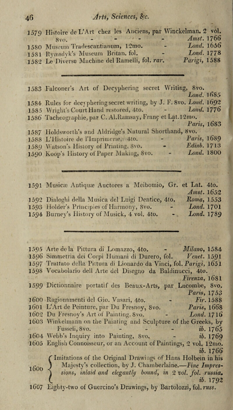 1579 Histoire de L'Art chez les Anciens, par Winckelman. 2 vol. 8 VO. . - - - Amst, 1766 1580 Mnseinn Tradescar.tianum, 12mo. - Lond. l656 1381 PymscJyk's Museum Britan, fol. - Lowe/. 1778 1582 Le Diverse Machine del Ramelli, fol. rar, Parigi, 1588 1583 Falconer’s Art of Decyphering secret Writing, 8vo. Lond. 1685 1584 Rules for deci phering secret writing, by J. F. 8vo. Lond. 1692 1385 Wright’s Court Hand restored, 4to. - Lond. 1776 1386‘ Tacheogiaphie, par C. Al.Ramsay, Franf et Lat.l2mo. Paris, l683 1587 Holdsworth’s and Aldridge’s Natural Shorthand, 8vo. 1388 L’Histoirc de rimprimene, 4to. - Paris, I689 1589 Watson’s History of Printing, Svo. - Edinh. 171S 1390 Koop’s History of Paper Making, Svo. - Lond. 1800 ( I 1591 Musicie Antiquae Auctores a Meibomio, Gr. et Lat. 4to, Amst. 1652 1392 Dialoghi della Musica del Luigi Dentice, 4(o. Roma, 1553 1393 Holder’s Principles of Harmony, Svo. - Lond. I7OI 1394 Burney’s History of Musick, 4 vol. 4to. - Lond. 1789 1595 Arte de la Pittura di Lomazzo, 4to. - Milano, 1384 1396 Simmetria dci Corpi Humani di Durero, fol. Venet. 1391 1597 Trattato della Pittura di Lionardo da Vinci, io\. Parigi, l631 1598 Vocabolario dell Arte del Disegno da Baldinucci, 4to. Eirenza, l6'81 1599 Dictionnaire portatif des Beaux-Arts, par Lacombe, 8vo. Paris, 1753 1600 Ragionamenti del Gio. Vasari, 4to. - Eir.ldSS 1601 L’Art de Peintnrc, par Du Frcsnoy, 8vo. Paris, l6^8 1602 Du Fresnoy’s Art of Painting. 8vo. - Lond. I716 1603 Winkelmann on the Painting and Sculpture of the Greeks, by Fusseli, Svo. « _ « 25.1765 1604 Webb’s Inquiry into Painting, Svo. - ib. I769 1603 English Connoisseur, or an Account of Paintings, 2 vol. 12mo. ib. 1766 Imitations of the Original Drawings of Hans Holbein in his IMajesty’s collection, by J. Chamberlaine.—Pine Impress sions, inlaid and elegantly bound, in 2 vol. fol. russia» ib. 1792 Eighty-two of Guercino’s Drawings, by Bartolozzi, fol. rm.