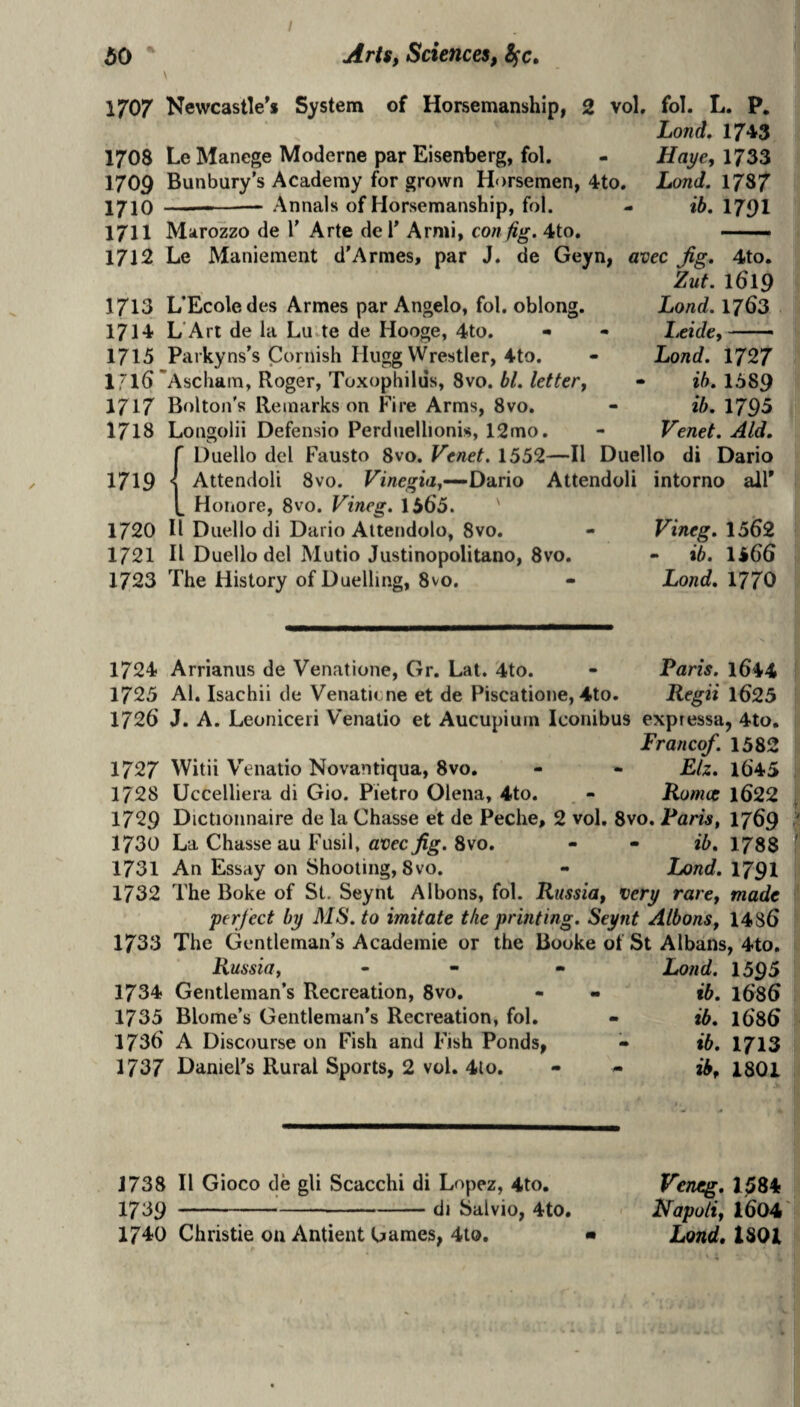 I do Art$, Sciences, ifc. 1707 Newcastle'* System of Horsemanship, 2 vol, fol. L. P. Lond, 17‘^3 1708 Le Manege Moderne par Eisenherg, fol. - Haye,\7dZ 1709 Banbury's Academy for grown Horsemen, 4to. Lond. 178/ 1710 .. ' Annals of Horsemanship, fol. - ib, I79I 1711 Marozzo de V Arte de T Armi, con fig. 4to. —— 1712 Le Manieraent d'Armes, par J. de Geyn, avec Jig. 4to. Zut. 1619 1713 L’Ecoledes Armes par Angelo, fol. oblong. Lond. 1763 1714 L'Art de la Luvte de Hooge, 4to. - - l^eidct —■ \ 1715 Parkyns’s Cornish Hiigg Wrestler, 4to. - Lond. 1727 B 17l6*Aschara, Roger, Toxophilds, 8vo. bl. letter, - ib. 1689 1717 Bolton’s Remarks on Fire Arms, 8vo. - ib. 1795 1718 Longolii Defensio Perdiiellionis, 12mo. - Venet. Aid. f Duello del Fausto 8vo. Venet. 1552—II Duello di Dario 1719 “i Attendoli 8vo. F'inegia,—Dario Attendoli intorno all' t Honore, 8vo. Vineg. 1565. ' 1720 II Duello di Dario Attendolo, 8vo. - Vineg. 1562 1721 II Duello del Mutio Justinopolitano, 8vo. - ib. 1566 1723 The History of Duelling, 8vo. - Lond. 1770 1724 1725 1726 1727 1728 1729 1730 1731 1732 1733 Arrianus de Venatione, Gr. Lat. 4to. - Paris. 1644 Al. Isachii de Venatione et de Piscatione, 4to. Regii l625 J. A. Leoniceri Venatio et Aucupium Iconibus expressa, 4to. Franco/. 1582 Witii Venatio Novantiqua, 8vo, - - Elz. l645 Uccelliera di Gio. Pietro Olena, 4to. - Romce l622 Dictioiinaire de la Chasse et de Peche, 2 vol, 8vo. Paris, I769 La Chasse au Fusil, atJecyfg’. 8vo. - - ib. 1788 An Essay on Shooting, 8vo. - Lond. 1791 The Boke of St. Seynt Albons, fol. Russia, very rare, made perfect by MS. to imitate the printing. Seynt Albons, 14S6 The Gentleman’s Academie or the Booke of St Albans, 4to. 1734 1735 1736 1737 Russia, Gentleman’s Recreation, 8vo, Blome’s Gentleman’s Recreation, fol. A Discourse on Fish and Fish Ponds, Daniel’s Rural Sports, 2 vol. 4lo. Lond. 1595 ib. 1686 ib. 1686 ib. 1713 ib, 1801 1738 II Gioco de gli Scacchi di Lopez, 4to. 1739 -di Salvio, 4to. 1740 Christie on Antient Lames, 4to. Veneg. 1^84 Napoli, 1604 Lond, 1801