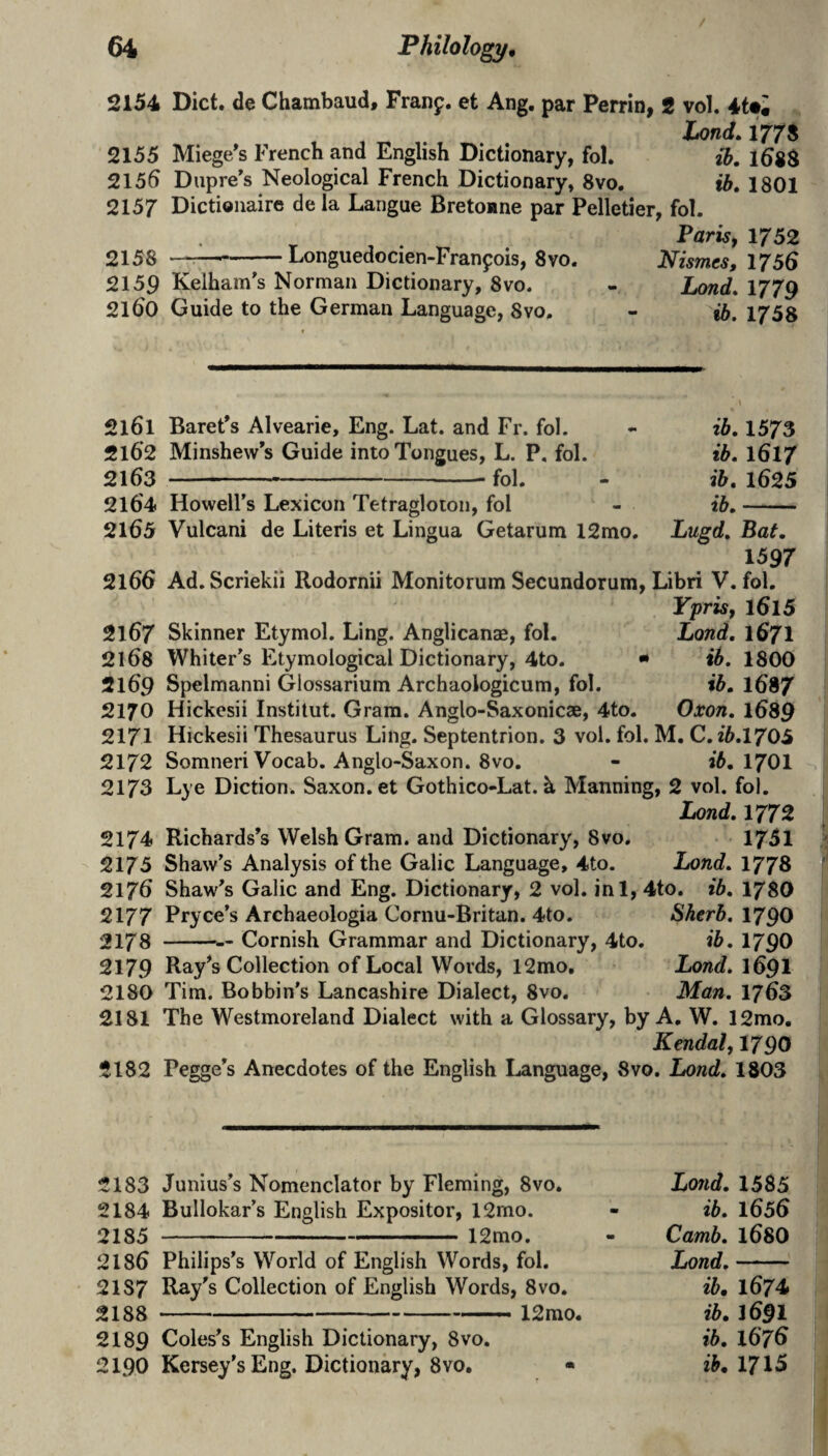 2154 Diet, de Chambaud, Franp. et Ang. par Perrin, 2 vol. 4t«« Xowrf. 177S 2155 Miege^s French and English Dictionary, fol. ib, l68$ 2156 Dupre's Neological French Dictionary, 8vo. ib, 1801 2157 Dictioiiaire dela Langue Bretonne par Pelletier, fol. Paris, 1752 2158 —:— -Longuedocien-Franpois, 8vo. Nismes, 1T56 2159 Kelham's Norman Dictionary, 8vo. - Land, 1779 2160 Guide to the German Language, 8vo. - ib. 1758 2161 Baret's Alvearie, Eng. Lat. and Fr. fol. - ib. 1573 2162 Minshew's Guide into Tongues, L. P, fol. ib. I617 2163 -fol. - ib. 1625 2164 Howell’s Lexicon Tetragloton, fol - ib.- 2165 Vulcani de Literis et Lingua Getarum 12mo. Lugd. Bat. 1597 2166 Ad.Scriekii Rodornii Monitorum Secundorum, Libri V. fol. Ypris, 1615 2167 Skinner Etymol. Ling. Anglicanae, fol. Land. 1671 2168 Whiter’s Etymological Dictionary, 4to. • ib. 1800 2169 Spelmanni Glossarium Archaologicum, fol. ib. 1697 2170 Hickesii Institut. Gram. Anglo-Saxonicae, 4to. Oxon. l6S9 2171 Hickesii Thesaurus Ling. Septentrion, 3 voi. fol, M. C. 25,1705 2172 Somneri Vocab. Anglo-Saxon. 8vo. - i5. I7OI 2173 Lye Diction. Saxon, et Gothico-Lat. h Manning, 2 vol. fol. Ijond. 1772 2174 Richards’s Welsh Gram, and Dictionary, 8vo, 1751 2175 Shaw’s Analysis of the Galic Language, 4to. Lond. 1778 217^ Shaw’s Galic and Eng. Dictionary, 2 vol. ini, 4to. ib. 1780 2177 Pryce’s Archaeologia Cornu-Britan. 4to. Sherb. Ijgo 2178 -Cornish Grammar and Dictionary, 4to. ib. I79O 2179 Ray’s Collection of Local Words, 12mo, Lond. I691 2180 Tim. Bobbin’s Lancashire Dialect, 8vo, Man. 1763 2181 The Westmoreland Dialect with a Glossary, by A, W. 12mo. Kendal, 1790 2182 Pegge's Anecdotes of the English I^anguage, 8vo. Lond. 1803 2183 Junius’s Nomenclator by Fleming, 8vo, 2184 Bullokar’s English Expositor, 12mo. 2185 -12mo. 2185 Philips’s World of English Words, fol. 2187 Ray’s Collection of English Words, 8vo. 2188 --12rao. 2189 Coles’s English Dictionary, 8vo. 2190 Kersey’s Eng. Dictionary, 8vo. • Lond. 1585 ib. 1655 Camb. I68O Lond.- ib, 1674 ib. 1591 ib. 1676 ih, 1715