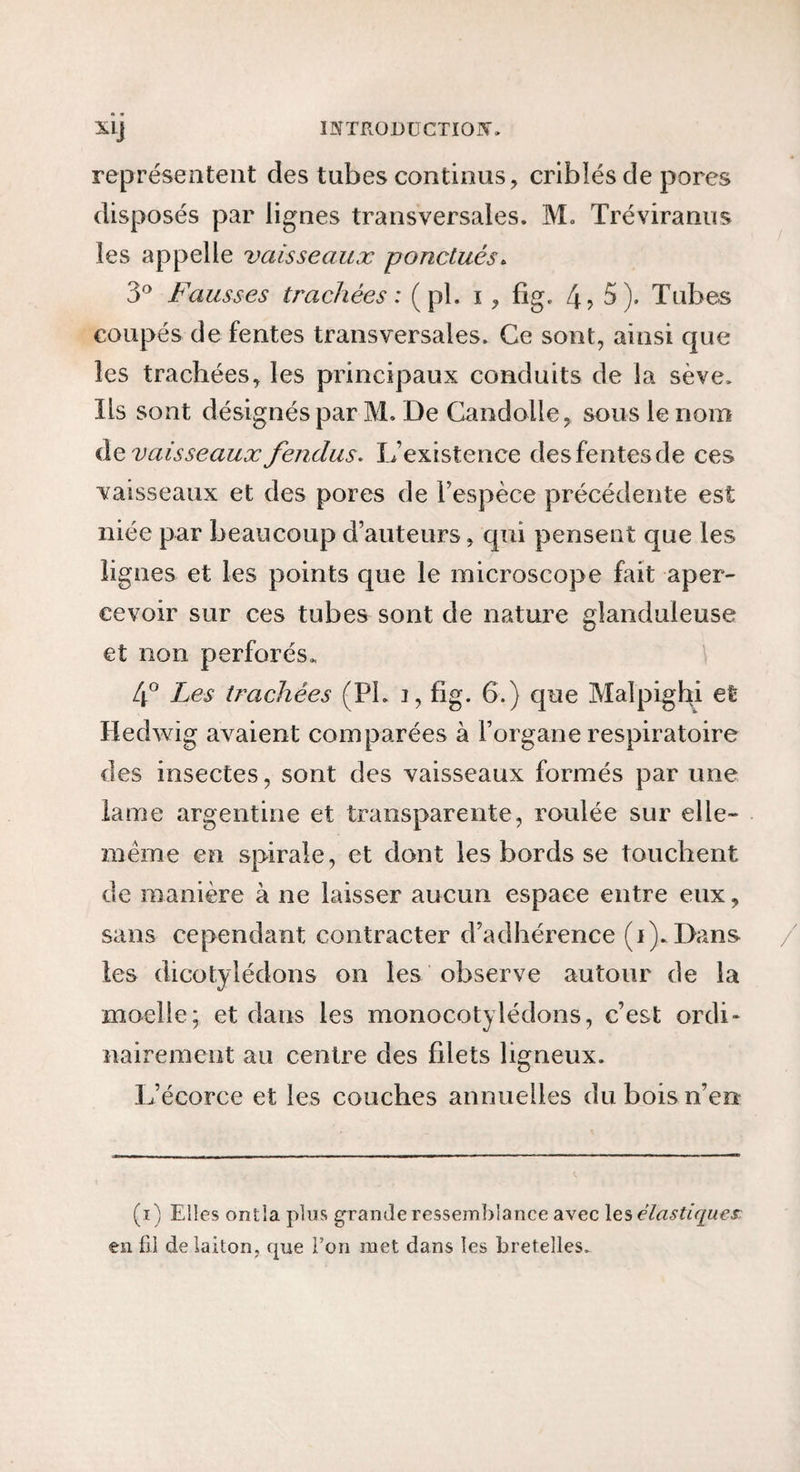 représentent des tubes continus, criblés de pores disposés par lignes transversales. M. Tréviranus les appelle vaisseaux ponctués^ 3*^ Fausses trachées: (pl. i, fig. 4? 5). Tubes coupés de fentes transversales. Ce sont, ainsi que les trachées, les principaux conduits de la sève. Ils sont désignés par M. De Candolle, sous le nom i\Q vaisseaux fendus. L’existence desfentesde ces vaisseaux et des pores de l’espèce précédente est niée par beaucoup d’auteurs, qui pensent que les lignes et les points que le microscope fait aper¬ cevoir sur ces tubes sont de nature glanduleuse et non perforés. \ 4° Les trachées (Pl. i, fig. 6.) que Malpighi et Hedwig avaient comparées à Forgane respiratoire des insectes, sont des vaisseaux formés par une lame argentine et transparente, roulée sur elle- même en spirale, et dont les bords se touchent de manière à ne laisser aucun espace entre eux, sans cependant contracter d’adhérence (i).Dans les dicotylédons on les observe autour de la moelle; et dans les monocotylédons, c’est ordi¬ nairement au centre des filets ligneux. L’écorce et les couches annuelles du bois n’en (î) Elles ontla plus grande ressemblance avec les élastiques: en fil de laiton, que l’on met dans les bretelles.