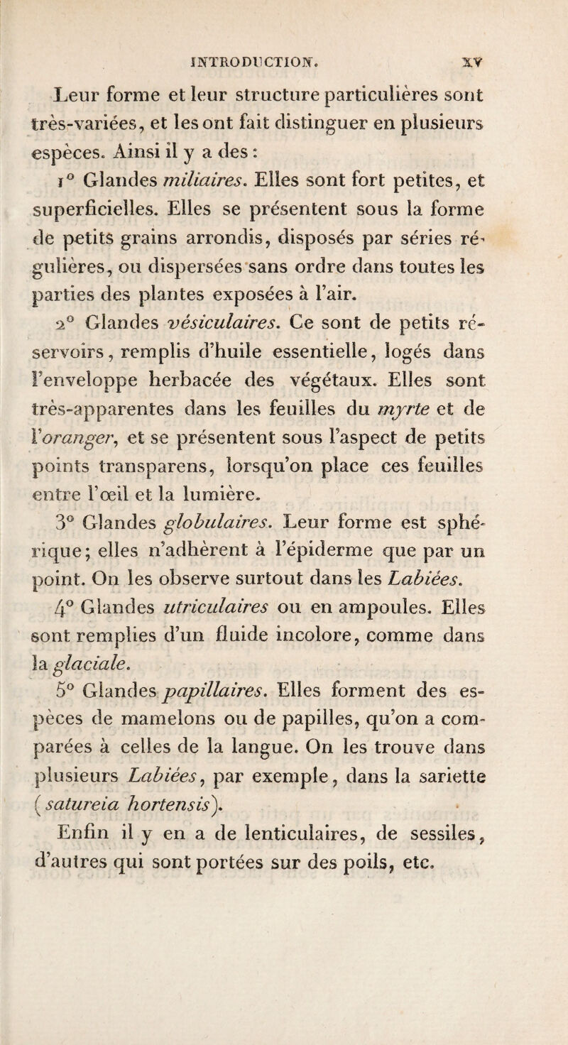 Leur forme et leur structure particulières sont très-variées, et les ont fait distinguer en plusieurs espèces. Ainsi il y a des : ï® Glandes miliaires. Elles sont fort petites, et superficielles. Elles se présentent sous la forme de petits grains arrondis, disposés par séries ré- gulières, ou dispersées'sans ordre dans toutes les parties des plantes exposées à l’air. 2° Glandes vésiculaires. Ce sont de petits ré¬ servoirs, remplis d’huile essentielle, logés dans l’enveloppe herbacée des végétaux. Elles sont très-apparentes dans les feuilles du myrte et de ïoranger^ et se présentent sous l’aspect de petits points transparens, lorsqu’on place ces feuilles entre l’œil et la lumière. 3® Glandes globulaires. Leur forme est sphé¬ rique; elles n’adhèrent à l’épiderme que par un point. On les observe surtout dans les Labiées. [f Glandes utriculaires ou en ampoules. Elles sont remplies d’un fluide incolore, comme dans la glaciale. 5® Glandes papillaires. Elles forment des es¬ pèces de mamelons ou de papilles, qu’on a com¬ parées à celles de la langue. On les trouve dans plusieurs Labiées., par exemple, dans la sariette i^satureia hortensis^. Enfin il y en a de lenticulaires, de sessiles, d’autres qui sont portées sur des poils, etc.