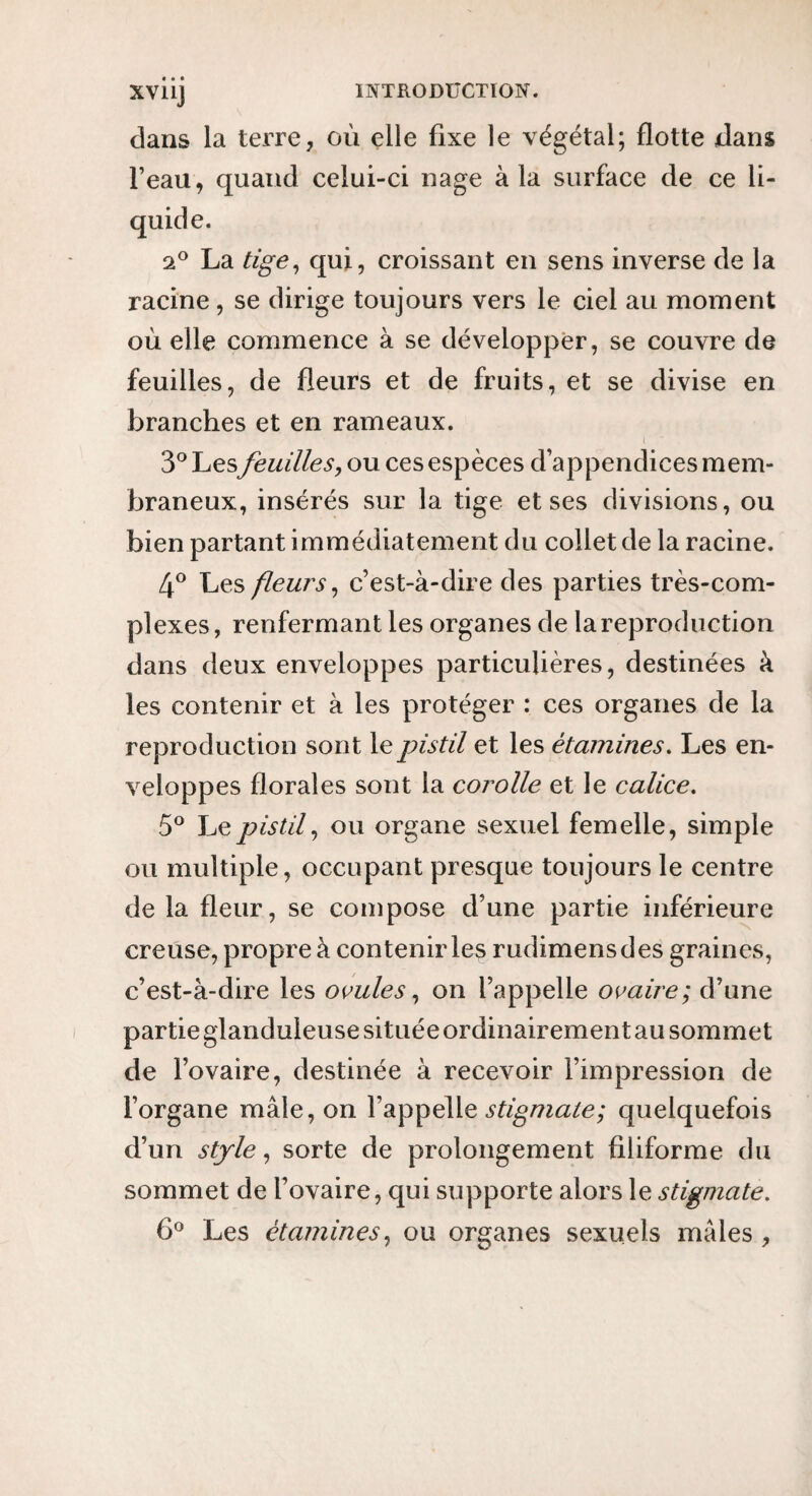 dans la terre, où elle fixe le végétal; flotte dans l’eau, quand celui-ci nage à la surface de ce li- 2® La tige^ qui, croissant en sens inverse de la racine, se dirige toujours vers le ciel au moment où elle commence à se développer, se couvre de feuilles, de fleurs et de fruits, et se divise en branches et en rameaux. i 3° Les feuilles, ou ces espèces d’appendices mem¬ braneux, insérés sur la tige et ses divisions, ou bien partant immédiatement du collet de la racine. [f Les fleurs, c’est-à-dire des parties très-com¬ plexes, renfermant les organes de la reproduction dans deux enveloppes particulières, destinées à les contenir et à les protéger : ces organes de la reproduction sont le pistil et les étamines. Les en¬ veloppes florales sont la corolle et le calice, 5® Le pistil, ou organe sexuel femelle, simple ou multiple, occupant presque toujours le centre de la fleur, se compose d’une partie inférieure creuse, propre à contenir les rudimensdes graines, c’est-à-dire les ovules, on l’appelle ovaire; d’une partie glanduleuse située ordinairement au sommet de l’ovaire, destinée à recevoir l’impression de l’organe mâle, on V stigmate ; quelquefois d’un style, sorte de prolongement filiforme du sommet de l’ovaire, qui supporte alors le stigmate, 6® Les étamines, ou organes sexuels mâles ,