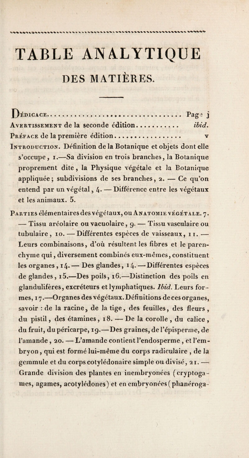 TABLE ANALYTIQUE DES MATIÈRES. JjÉDlCACE... Pagrî j Avertissement de la seconde édition. ibid. Préface de la première édition. v Introduction. Définition de la Botanique et objets dont elle s’occupe, I.—Sa division en trois branches, la Botanique proprement dite , la Physique végétale et la Botanique appliquée ; subdivisions de ses branches ,2. — Ce qu’on entend par un végétal, 4* — Différence entre les végétaux et les animaux. 5. Parties élémentaires des végétaux, ou Anatomie végétale. 7, — Tissu aréolaire ou vacuolaire, 9. — Tissu vasculaire ou tubulaire, 10. —Différentes espèces de vaisseaux, ii. — Leurs combinaisons, d’où résultent les fibres et le paren¬ chyme qui, diversement combinés eiix-mémes, constituent les organes ,14. — Des glandes, 14- —Différentes espèces de glandes, i5.—Des poils, 16.—Distinction des poils en glandulifères, excréteurs et lymphatiques. Ibid. Leurs for¬ mes, 17.—Organes des végétaux. Définitions de ces organes, savoir : de la racine, de la tige, des feuilles, des fleurs , du pistil, des étamines, 18. — De la corolle , du calice , du fruit, du péricarpe, 19.—Des graines, de l’épisperme, de l’amande , 20. — L’amande contient l’endosperme , et l’em¬ bryon , qui est formé lui-méme du corps radiculaire , de la gemmule et du corps cotylédonaire simple ou divisé, 21. —• Grande division des plantes en inembryonées (cryptoga¬ mes, agames, acotylédones) et en embryonées(phanéroga-