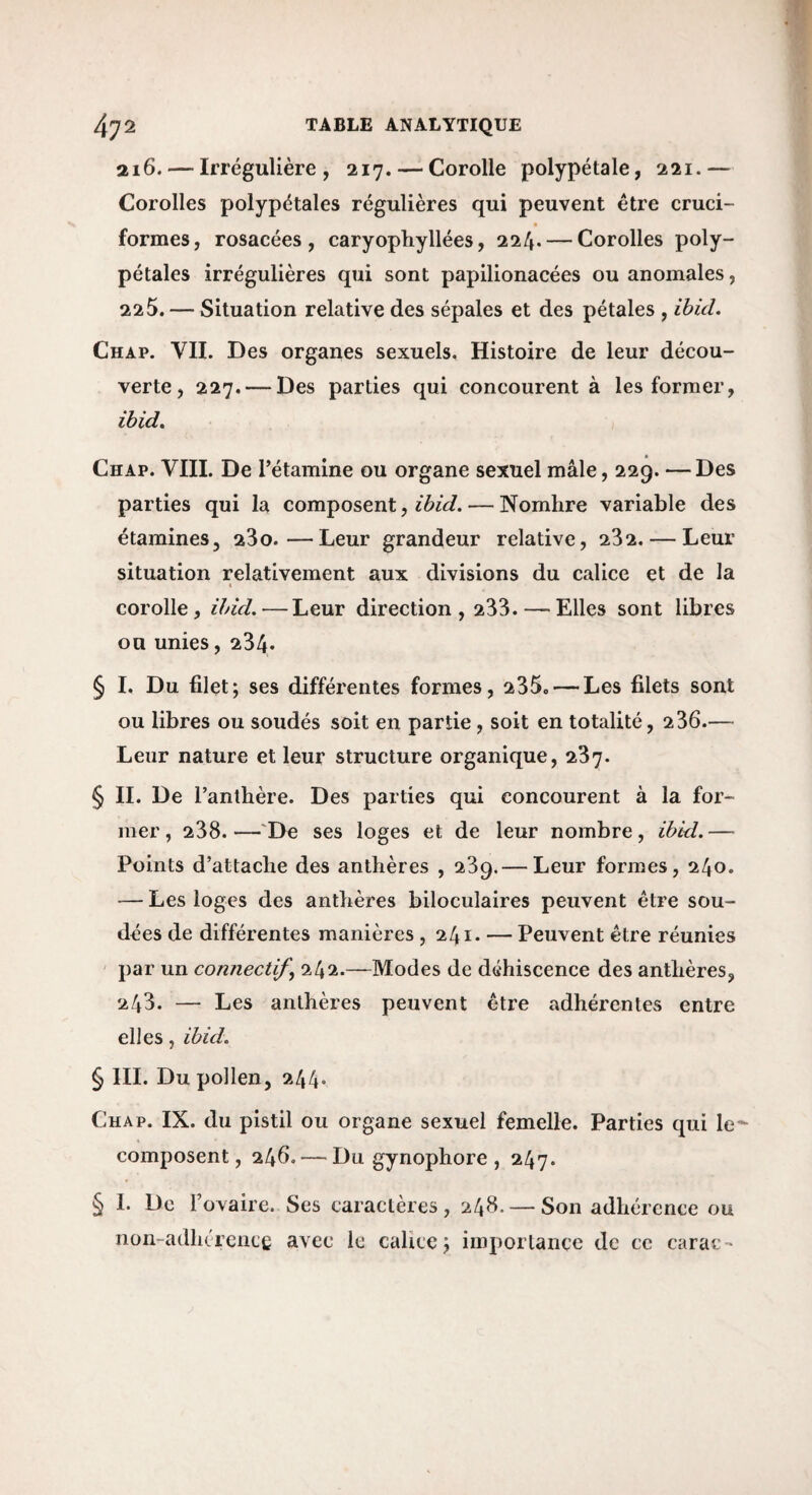 216. — Irrégulière, 217. — Corolle polypétale, 221.— Corolles polypétales régulières qui peuvent être cruci¬ formes, rosacées, caryophyllées, 224. — Corolles poly¬ pétales irrégulières qui sont papilionacées ou anomales, 225. — Situation relative des sépales et des pétales , ihid. Chap. VII. Des organes sexuels. Histoire de leur décou¬ verte, 227. — Des parties qui concourent à les former, ibid. Chap. VIII. De Tétamine ou organe sexuel mâle, 229. — Des parties qui la composent, — Nombre variable des étamines, 280.—Leur grandeur relative, 282. — Leur situation relativement aux divisions du calice et de la « corolle, ihid. — Leur direction, 233. — Elles sont libres ou unies, 234. § I. Du filet; ses différentes formes, 235. — Les filets sont ou libres ou soudés soit en partie , soit en totalité, 236.— Leur nature et leur structure organique, 237. § IL De l’anthère. Des parties qui concourent à la for¬ mer, 238.—'De ses loges et de leur nombre, ibid.— Points d’attache des anthères , 239.— Leur formes, 240. — Les loges des anthèi’es biloculaires peuvent être sou¬ dées de différentes manières , 241. — Peuvent être réunies par un connectifs —Modes de déhiscence des anthères, 243. — Les anthères peuvent être adhérentes entre elles, ibid. § III. Du pollen, 244» Chap. IX. du pistil ou organe sexuel femelle. Parties qui le^ composent, 246. — Du gynophore , 247. § I. De l’ovaire. Ses caractères, 248. — Son adhérence ou non-adlicreiiee avec le calice; importance de ce carac-