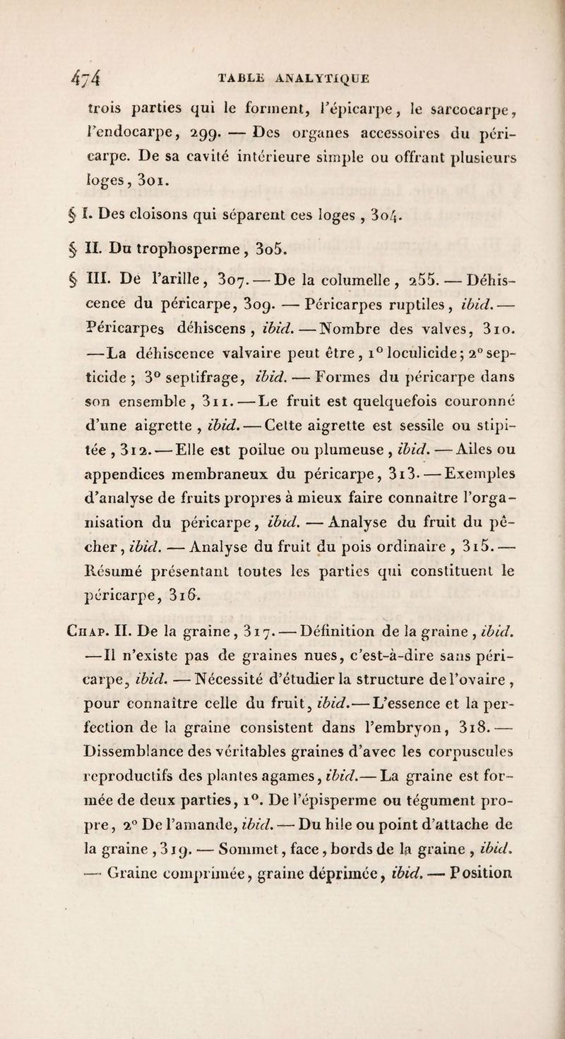 trois parties qui le forment, l’épicarpe, le sarcocarpc, Tendocarpe, 299. — Des organes accessoires du péri¬ carpe. De sa cavité intérieure simple ou offrant plusieurs loges, 3oi. § I. Des cloisons qui séparent ces loges , 3o4. § IL Du trophosperme, 3o5. § IIL De l’arille, 307. — De la columelle , 255. — Déhis¬ cence du péricarpe, 309. —Péricarpes ruptiles, ibid.— Péricarpes déhiscens , ibid.—Nombre des valves, 310. —La déhiscence valvaire peut être, loculicide ; 2° sep- ticide ; 3® seplifrage, ibid. — Formes du péricarpe dans son ensemble, 3ii.—Le fruit est quelquefois couronné d’une aigrette , ibid. — Celte aigrette est sessile ou stipi- tée , 312. — Elle est poilue ou plumeuse , ibid. —Ailes ou appendices membraneux du péricarpe, 3i3. — Exemples d’analyse de fruits propres à mieux faire connaître l’orga¬ nisation du péricarpe, ibid. — Analyse du fruit du pê¬ cher, ibid. —Analyse du fruit du pois ordinaire , 3i5.— Résumé présentant toutes les parties qui constituent le péricarpe, 316. Chap. il De la graine, 317. — Définition de la graine , ibid. -—Il n’existe pas de graines nues, c’est-à-dire sans péri¬ carpe, ibid. —Nécessité d’étudier la structure de l’ovaire , pour connaître celle du fruit, ibid.—L’essence et la per¬ fection de la graine consistent dans l’embryon, 318.— Dissemblance des véritables graines d’avec les corpuscules reproductifs des plantes agames, — La graine est for¬ mée de deux parties, 1®. De l’épisperme ou tégument pro¬ pre , 2® De l’amande, ibid. — Du hile ou point d’attache de la graine ,319. — Sommet, face, bords de la graine , ibid. —■ Graine comprimée, graine déprimée, ibid. — Position