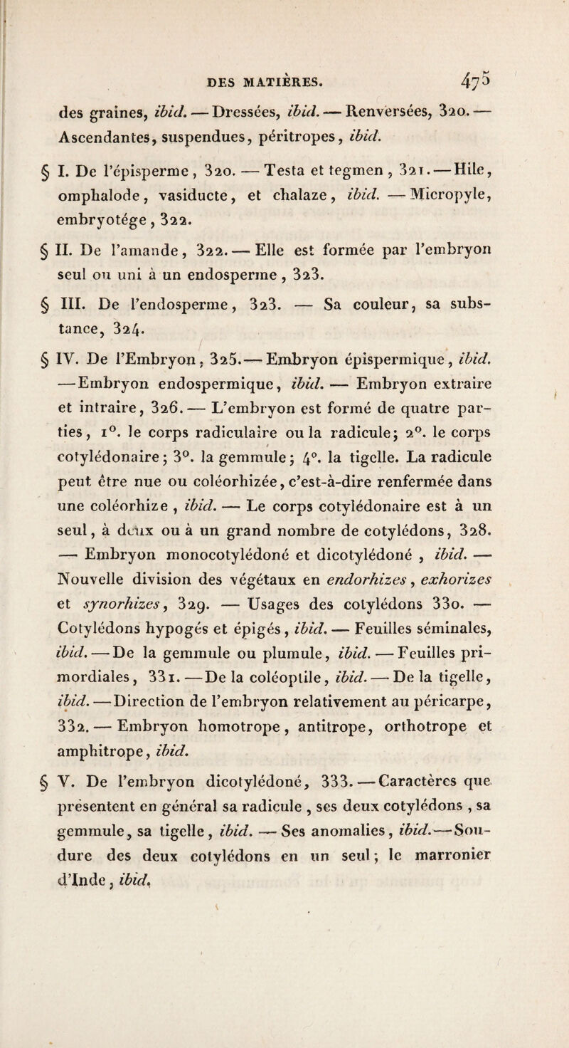 des graines, ihid. — Dressées, ïbid. — Renversées, 320. — Ascendantes, suspendues, péritropes, ihid. § I. De l’épisperme, 320. — Testa et tegmen , 32i. — Hile, omplialode, vasiducte, et chalaze, ihid. —Micropyle, embryotége, 322. § IL De l’amande, 322. — Elle est formée par l’embryon seul ou uni à un endosperme, 323. § III. De l’endosperme, 323. — Sa couleur, sa subs¬ tance, 324. § IV. De l’Embryon , 325.— Embryon épispermique, ihid. — Embryon endospermique, ihid.— Embryon extraire et intraire, 326.— L’embryon est formé de quatre par¬ ties, I®. le corps radiculaire ou la radicule; 2®. le corps $ cotylédonaire ; 3*^. la gemmule ; 4°* la tigelle. La radicule peut être nue ou coléorhizée, c’est-à-dire renfermée dans une coléorhize , ihid. — Le corps cotylédonaire est à un seul, à deux ou à un grand nombre de cotylédons, 328. — Embryon monocotylédoné et dicotylédoné , ihid. — Nouvelle division des végétaux en endorhizes exhorizes et synorhizes, 329. — Usages des cotylédons 33o. Cotylédons hypogés et épigés, ihid. — Feuilles séminales, ihid.—De la gemmule ou pluraule, ihid.—Feuilles pri¬ mordiales, 33i.—Delà coléoplile, ihid. — Delà tigelle, ihid.—Direction de l’embryon relativement au péricarpe, 332. — Embryon liomotrope , antitrope, orthotrope et amphitrope, ihid. § V. De l’embryon dicotylédoné, 333.—Caractères que présentent en général sa radicule , ses deux cotylédons , sa gemmule, sa tigelle, ihid. —Ses anomalies, ihid.—Sou¬ dure des deux cotylédons en un seul ; le marronier d’Inde, ihid.