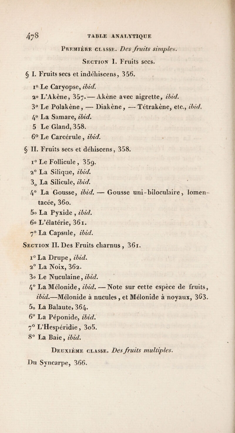 Première cl asse. Des fruits simples. Section I. Fruits secs. § I. Fruits secs et indéhiscens, 356. 1° Le Caryopse, ihid. 2» L’Akène, 357. — Akène avec aigrette, ihid. 3® Le Polakène, — Diakène , — Tétrakène, etc., ihid. Lp La Samare, ihid. 5 Le Gland, 358. 6® Le Carcérule , ihid. § IL Fruits secs et déhiscens, 358. 1° Le Follicule , 359. 2° La Siliqae, ihid. 3o La Silicule, ihid. tp La Gousse, ihid. — Gousse uni-biloculaire, lomen- tacée, 36o. 5o La Pyxide , ihid. 60 L’élatérie, 361. 7® La Capsule, ihid. Section IL Des Fruits charnus , 36i. 1° La Drupe, ihid. ' 2° La Noix, 362. 3o Le Nuculaine, ihid. ip La Mélonide, ihid,—Note sur cette espèce de fruits, ihid.—Mélonide à nucules, et Mélonide à noyaux, 363. 5o La Balaute, 364. 6“ La Péponide, ihid. 7® L’Hespéridie, 3o5. 8° La Baie, ihid. Deuxième classe. Des fruits multiples. Du Syncarpe, 366.