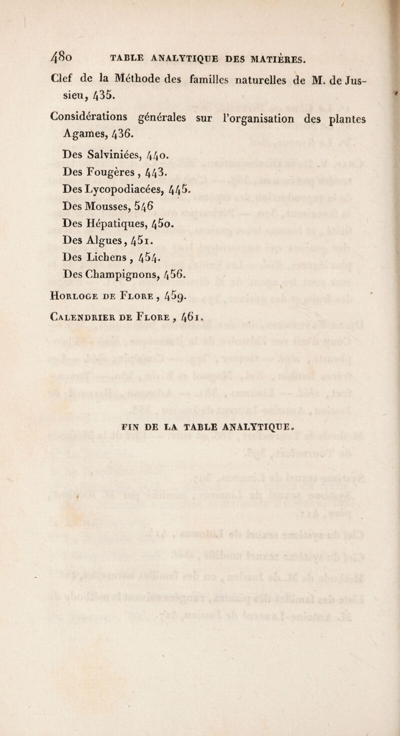 Clef de la Méthode des familles naturelles de M. de Jus¬ sieu, 4^5. Considérations générales sur l’organisation des plantes Agames, 436. Des Salviniées, 44o* Des Fougères, 443. Des Lycopodiacées, 446. Des Mousses, 646 Des Hépatiques, 460. Des Algues, 461. Des Lichens ,464* Des Champignons, 466. Horloge de Flore , 469. Calendrier de Flore , 461. FIN DE LA TABLE ANALYTIQUE,
