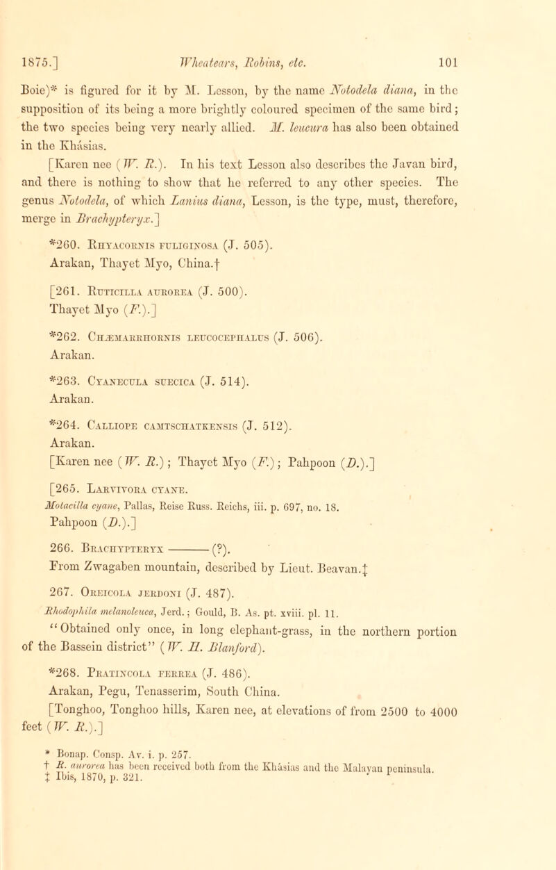 Boie)* is figni’ed for it by M. Lesson, by tbe name Nutodela (liana, in the supposition of its being a more brightly coloured specimen of tbe same bird ; the two species being very nearly allied. JZ. leucura has also been obtained in the Khasias. [Karen nee (TV. R.). In his text Lesson also describes the Javan bird, and there is nothing to show that he referred to any other species. The genus Notodela, of which Lanins diana, Lesson, is the type, must, therefore, merge in Brachypteryx.] *260. Rhyacorxis fuligixosa (J. 505). Arakan, Thayet Myo, China, f [261. Bttttctlt.a attrqrea (J. 500). Thayet Myo (A1.).] *262. ClI.EAIARKTIORXrS LETJCOCEPHALUS (J. 506). Arakan. *263. Cyaxecula suecica (J. 514). Arakan. *264. Calliope camtschatkexsis (J. 512). Arakan. [Karen nee (TV. R.); Thayet Myo (F'.); Pahpoon (Zb).] [265. Laryiyora cyaxe. Motacilla cyane, Pallas, Reise Russ. Reiclis, iii. p. 697, no. 18. Pahpoon (Z).).] 266. Brachypteryx-(?). Prom Zwagaben mountain, described by Lieut. Beavan.J 267. Oreicola jerdoxi (J. 487). Rhodophila melanoleuca, Jerd.; Gould, B. As. pt. xviii. pi. 11. “Obtained only once, in long elephant-grass, in the northern portion of the Bassein district” (TV. II. Blanford). *268. Pratixcola ferrea (J. 486). Arakan, Pegu, Tenasserim, South China. [Tonghoo, Tonghoo hills, Karen nee, at elevations of from 2500 to 4000 feet (TV. ZZ).] * Bonap. G'onsp. Av. i. p. 257. t R. aurorea has been received both from the Khasias and the Malayan peninsula % Ibis, 1870, p. 321.