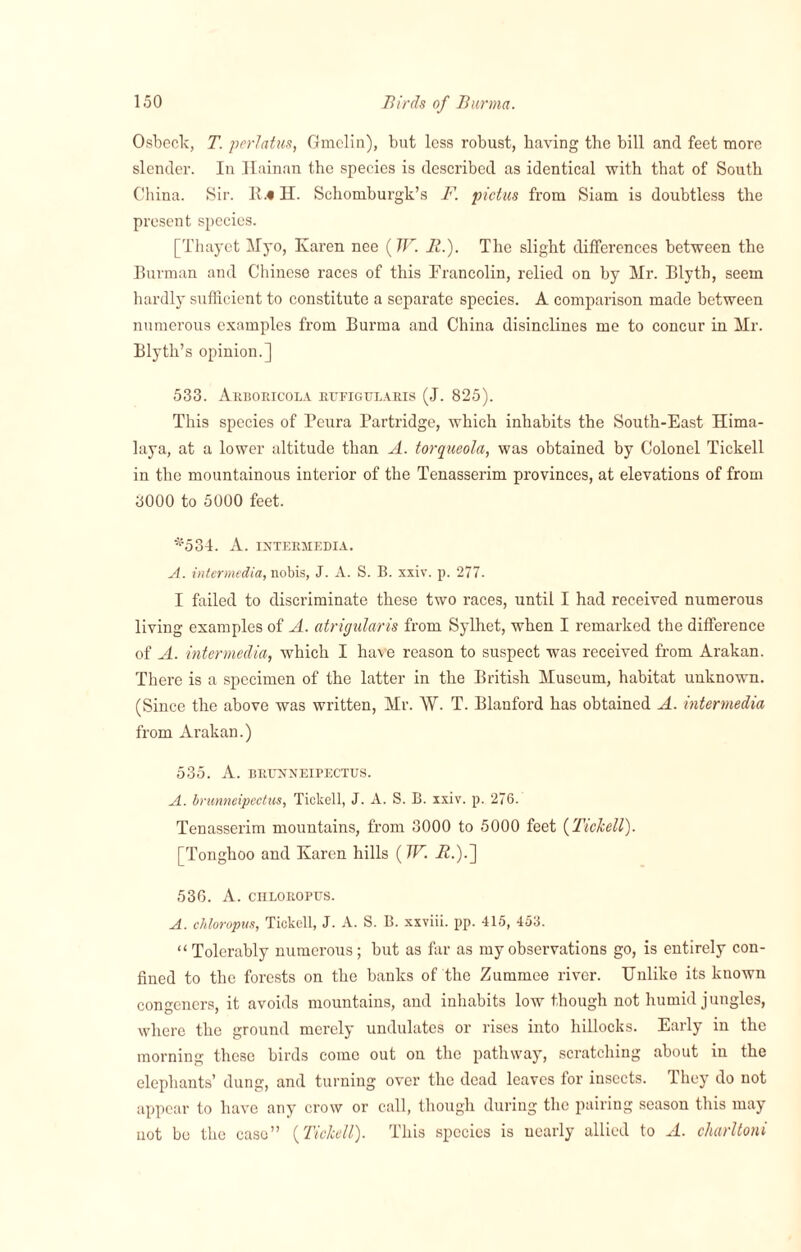 Osbeck, T. perlatus, Gmclin), but less robust, having the bill and feet more slender. In Hainan the species is described as identical with that of South China. Sir. ll.« H. Schomburgk’s F. pictus from Siam is doubtless the present species. [Thayet Myo, Karen nee (W.. II.). The slight differences between the Burman and Chincso races of this Francolin, relied on by Mr. Blyth, seem hardly sufficient to constitute a separate species. A comparison made between numerous examples from Burma and China disinclines me to concur in Mr. Blyth’s opinion.] 533. Aeboeicola kufigulakis (J. 825). This species of Peura Partridge, which inhabits the South-East Hima¬ laya, at a lower altitude than A. torqueola, was obtained by Colonel Tickell in the mountainous interior of the Tenasserim provinces, at elevations of from 3000 to 5000 feet. *534. A. INTEEMEDIA. A. intermedia, nobis, J. A. S. B. xxiv. p. 277. I failed to discriminate these two races, until I had received numerous living examples of A. atrigularis from Sylhet, when I remarked the difference of A. intermedia, which I have reason to suspect was received from Arakan. There is a specimen of the latter in the British Museum, habitat unknown. (Since the above was written, Mr. \V. T. Blanford has obtained A. intermedia Horn Arakan.) 535. A. BETJNNEIPECTUS. A. brunneipectus, Tickell, J. A. S. B. xxiv. p. 276. Tenasserim mountains, from 3000 to 5000 feet {Tickell). [Tonghoo and Karen hills ( TF. i2.).] 536. A. CHLOEOPUS. A. chloropus, Tickell, J. A. S. B. xxviii. pp. 415, 453. “Tolerably numerous; but as far as my observations go, is entirely con¬ fined to the forests on the banks of the Zummee river. Unlike its kuown congeners, it avoids mountains, and inhabits low though not humid jungles, where the ground merely undulates or rises into hillocks. Early in the morning these birds come out ou the pathway, scratching about in the elephants’ dung, and turning over the dead leaves for insects. They do not appear to have any crow or call, though during the pairing season this may not bo the case” {Tickell). This species is nearly allied to A. cliarltoni