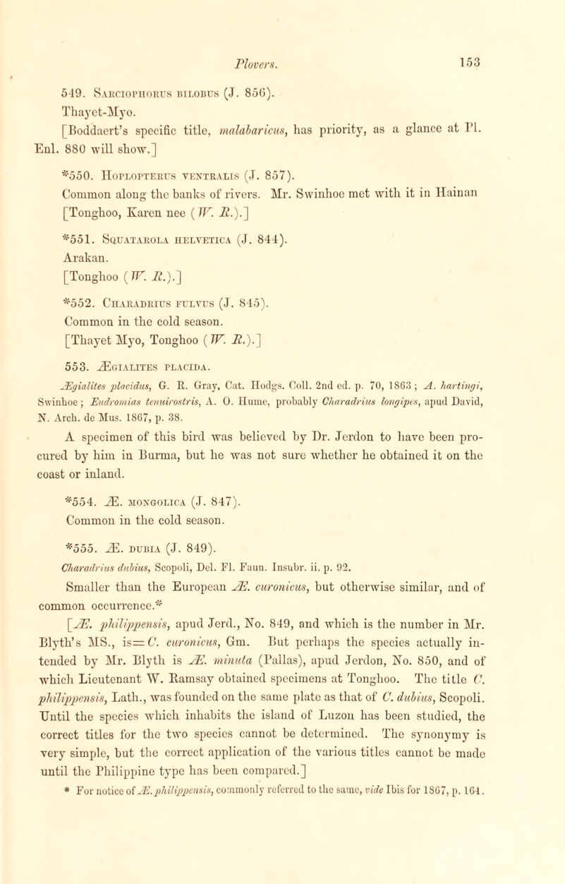 549. Sarciophortjs bilobus (J. 856). Thayet-Myo. [Boddacrt’s specific title, malabaricus, has priority, as a glance at PL Enl. 880 will show.] *550. Hoflofterits ventralis (J. 857). Common along the banks of rivers. Mr. Swinhoc met with it in Hainan [Tonghoo, Karen nee (TV. it.).] *551. Sqtjatarola Helvetica (J. 844). Arakan. [Tonghoo (TV. it.).] *552. Charadrius fulvus (J. 845). Common in the cold season. [Thayet Myo, Tonghoo (TV. i?.).] 553. LEgtatjtes placida. JEgialites placidus, G. E. Gray, Cat. Hodgs. Coll. 2nd ed. p. 70, 1863 ; A. kartingi, Swinboe; Eudromias tenuirostris, A. 0. Hume, probably Charadrius longipes, apud David, N. Arch, de Mus. 1867, p. 38. A specimen of this bird was believed by Dr. Jerdon to have been pro¬ cured by him in Burma, but he was not sure whether he obtained it on the coast or inland. *554. JE. mongolica (J. 847). Common in the cold season. *555. JE. dubia (J. 849). Charadrius dubius, Scopoli, Del. FI. Faun. Insubr. ii. p. 92. Smaller than the European JE. curonicus, but otherwise similar, and of common occurrence.* \_JE. philippensis, apud Jerd., No. 849, and which is the number in Mr. Blytb’s MS., is= C. curonicus, Gm. But perhaps the species actually in¬ tended by Mr. Blyth is JE. minuta (Pallas), apud Jerdon, No. 850, and of which Lieutenant W. Kamsay obtained specimens at Tonghoo. The title C. philippensis, Lath., was founded on the same plate as that of C. dubius, Scopoli. Until the species which inhabits the island of Luzon has been studied, the correct titles for the two species cannot be determined. The synonymy is very simple, but the correct application of the various titles cannot be made until the Philippine type has been compared.] * For notice of 2E.philippensis, commonly referred to the same, vide Ibis for 1867, p. 164.
