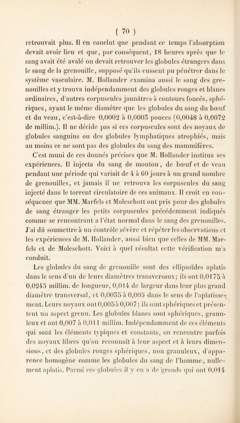 retrouvait plus. Il en conclut que pendant ce temps l’absorption devait avoir lieu et que, par conséquent, 18 heures après que le sang avait été avalé on devait retrouver les globules étrangers dans le sang de la grenouille, supposé qu’ils eussent pu pénétrer dans le système vasculaire. M. Hollander examina aussi le sang des gre¬ nouilles et y trouva indépendamment des globules rouges et blancs ordinaires, d'autres corpuscules jaunâtres à contours foncés, sphé¬ riques, ayant le même diamètre que les globules du sang du bœuf et du veau, c’est-à-dire 0,0002 à 0,0005 pouces (0,0048 à 0,0072 de millim.). Il ne décide pas si ces corpuscules sont des noyaux de globules sanguins ou des globules lymphatiques atrophiés, mais au moins ce ne sont pas des globules du sang des mammifères. C’est muni de ces donnés précises que M. Hollander institua ses expériences. Il injecta du sang de mouton, de bœuf et de veau pendant une période qui variait de 4 à GO jours à un grand nombre de grenouilles, et jamais il ne retrouva les corpuscules du sang injecté dans le torrent circulatoire de ces animaux. Il croit en con¬ séquence que MM. Marfels et Moleschott ont pris pour des globules de sang étranger les petits corpuscules précédemment indiqués comme se rencontrant a l’état normal dans le sang des grenouilles. les expériences de M. Hollander, aussi bien que celles de MM. Mar¬ fels et de Moleschott. Voici à quel résultat cette vérification m'a conduit. Les globules du sang de grenouille sont des ellipsoïdes aplatis dans le sens d'un de leurs diamètres transversaux; ils ont 0,0! 75 à 0,0245 millim. de longueur, 0,014 de largeur dans leur plus grand diamètre transversal, et 0,0055 à 0,005 dans le sens de l’aplatisse-^ ment. Leurs noyaux ont 0,005 à 0,007 ; ils sont sphériques et présen¬ tent un aspect grenu. Les globules blancs sont sphériques, granu¬ leux et ont 0,007 à 0,011 millim. Indépendamment de ces éléments qui sont les éléments typiques et constants, on rencontre parfois des noyaux libres qu’on reconnaît à leur aspect et à leurs dimen¬ sions, et des globules rouges sphériques, non granuleux, d’appa¬ rence homogène comme les globules du sang de l’homme, nulle¬ ment aplatis, Parmi ces globules il y en a de grands qui ont 0,014
